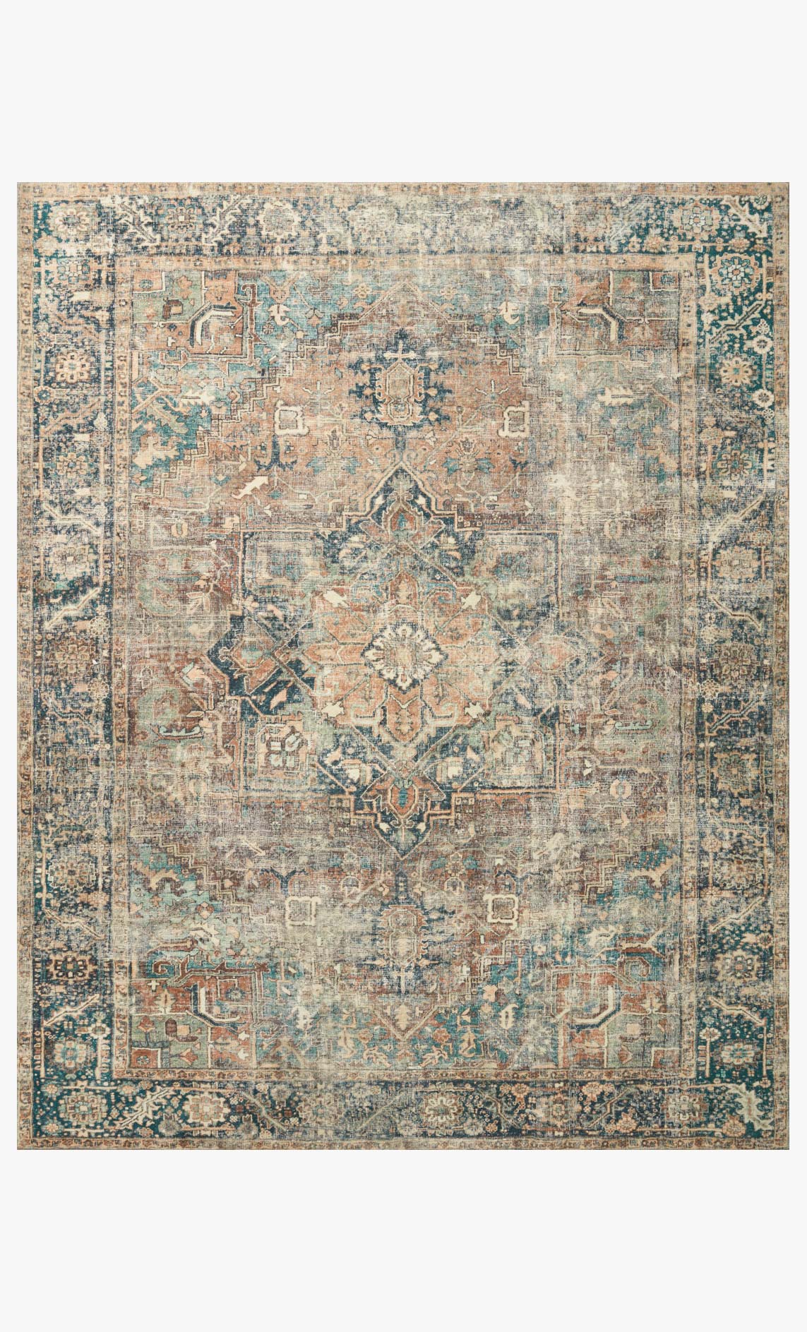 Traditional power loom rug with distressed medallion pattern in blue, teal, and rust tones
