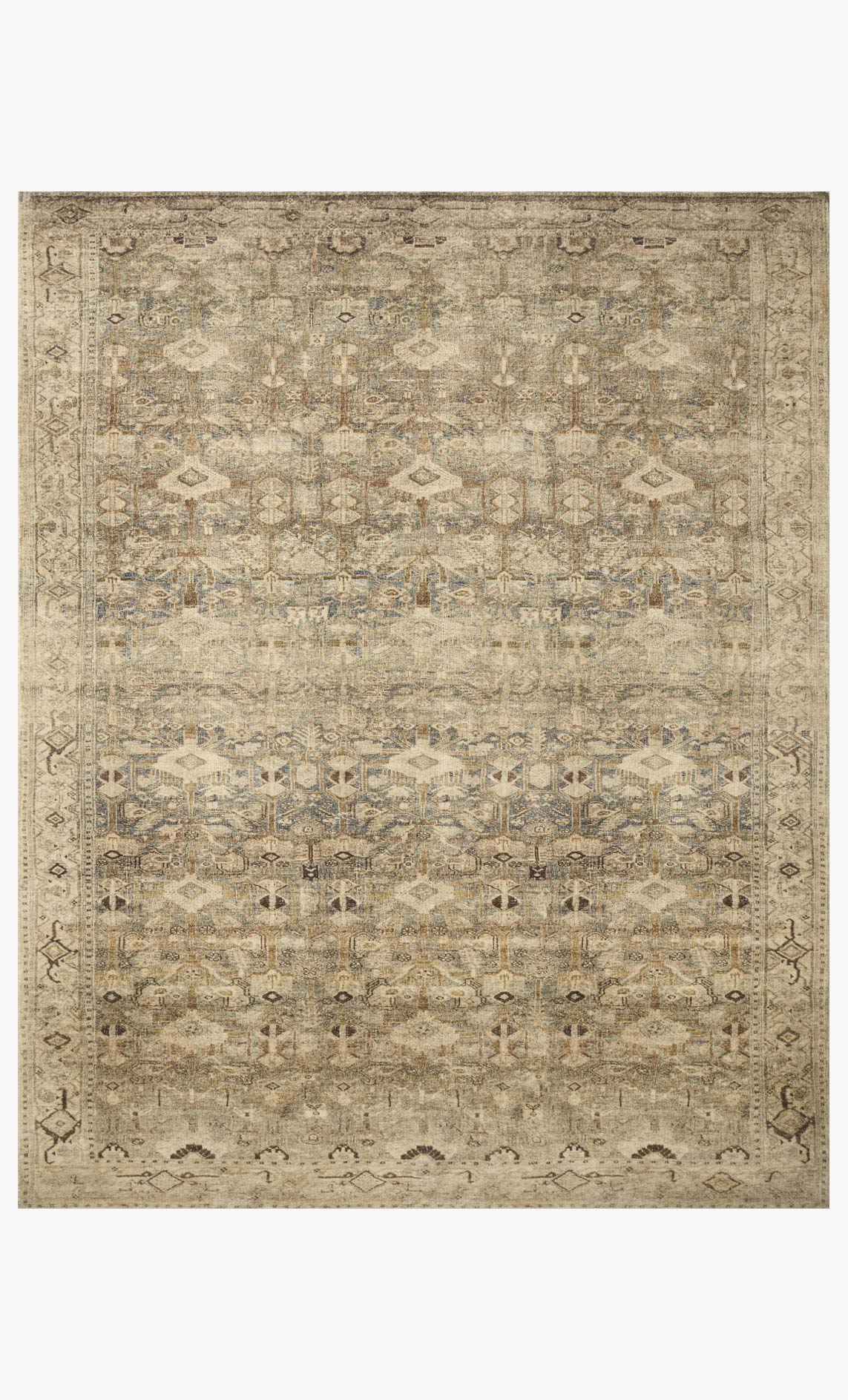 Rectangular antique and sage rug with ornate repeating geometric pattern