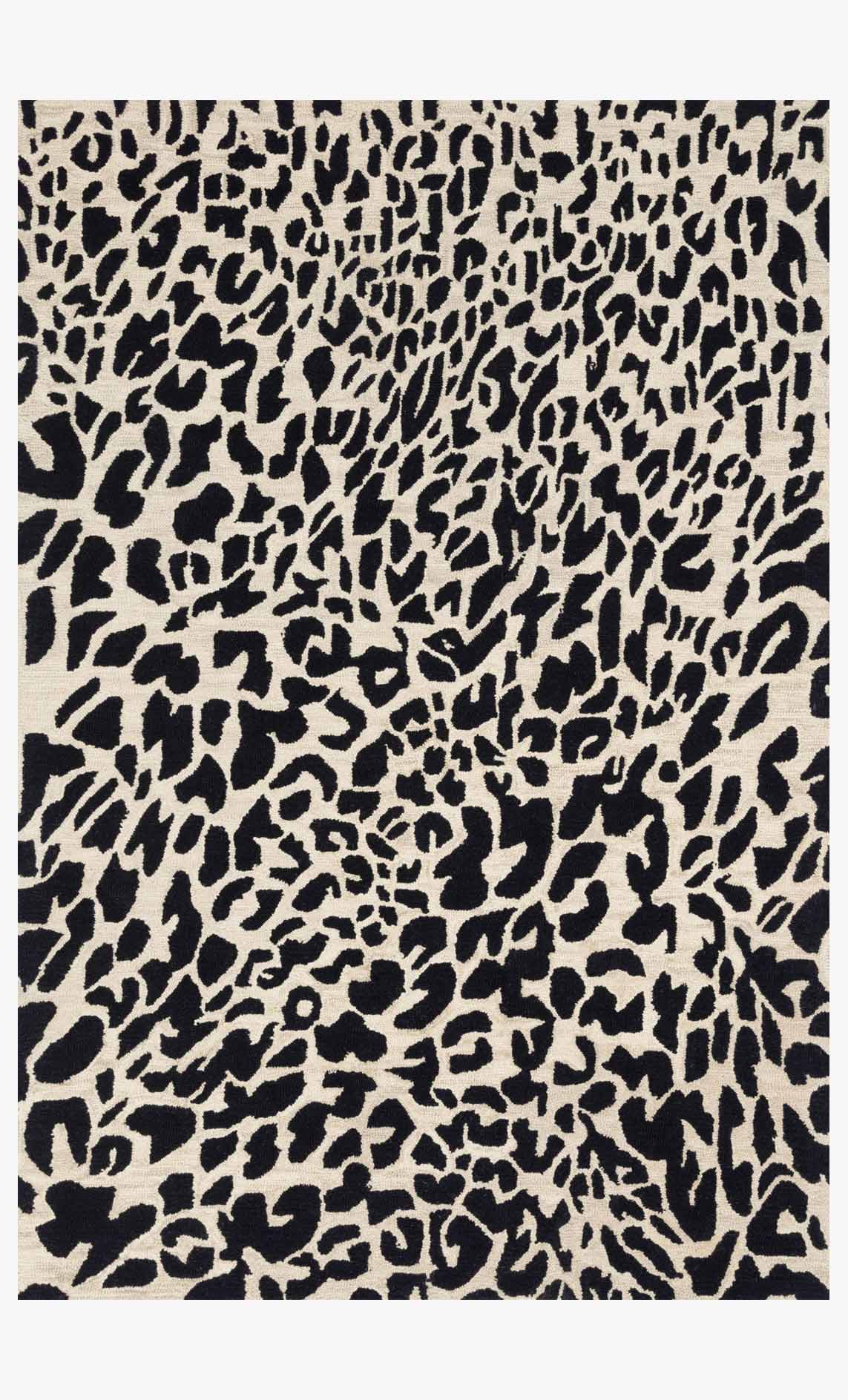 Black and ivory contemporary hooked rug with dense leopard print pattern