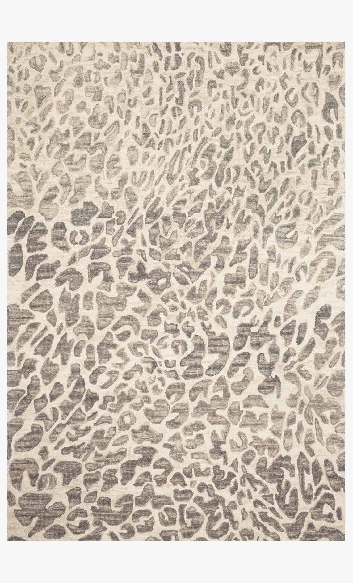 Grey and ivory hooked rug with abstract animal-like pattern, rectangular flat design.