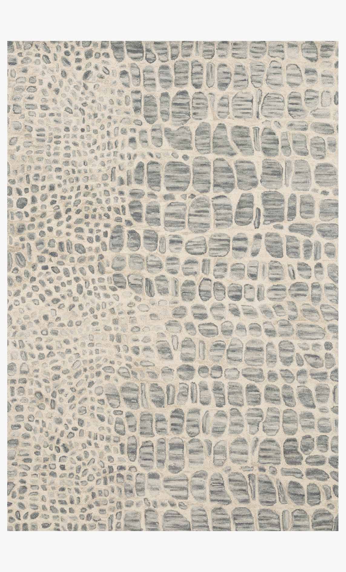 Contemporary hooked rug with silver-grey and ivory abstract scale pattern, square.