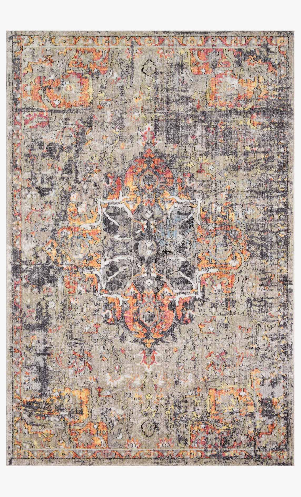 Taupe and gray contemporary power-loomed rug with orange and coral abstract medallion