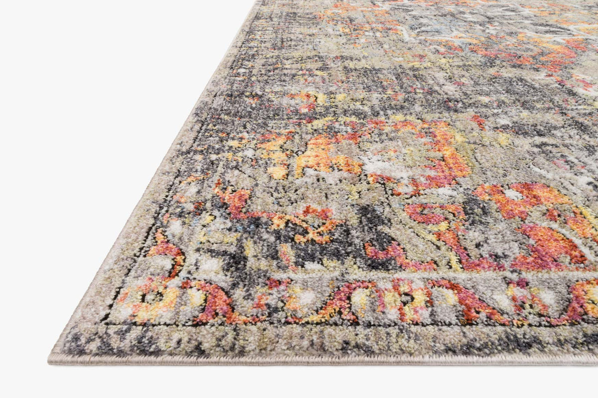 Taupe-gray power-loomed rug corner with orange and coral abstract pattern and border