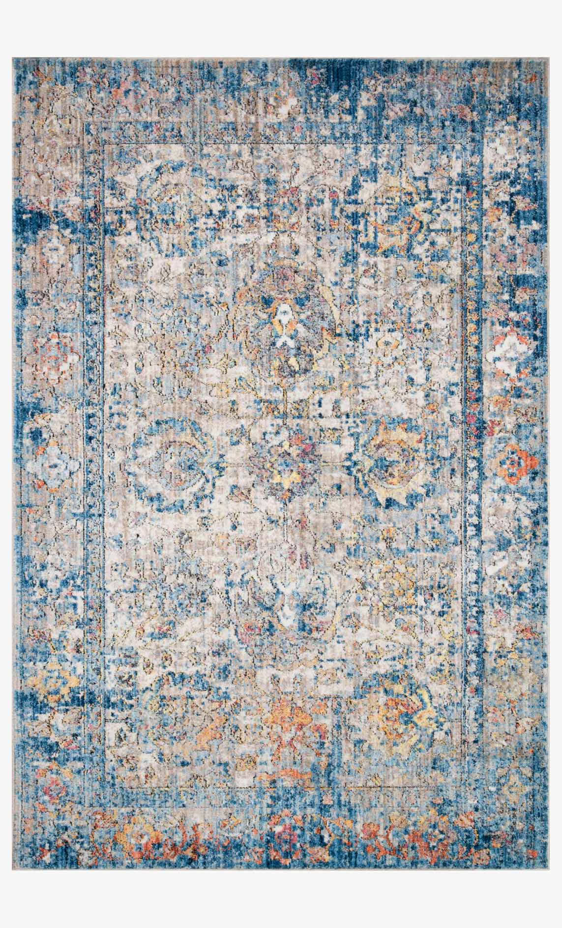 Blue abstract power-loomed rug with multicolor distressed pattern and border