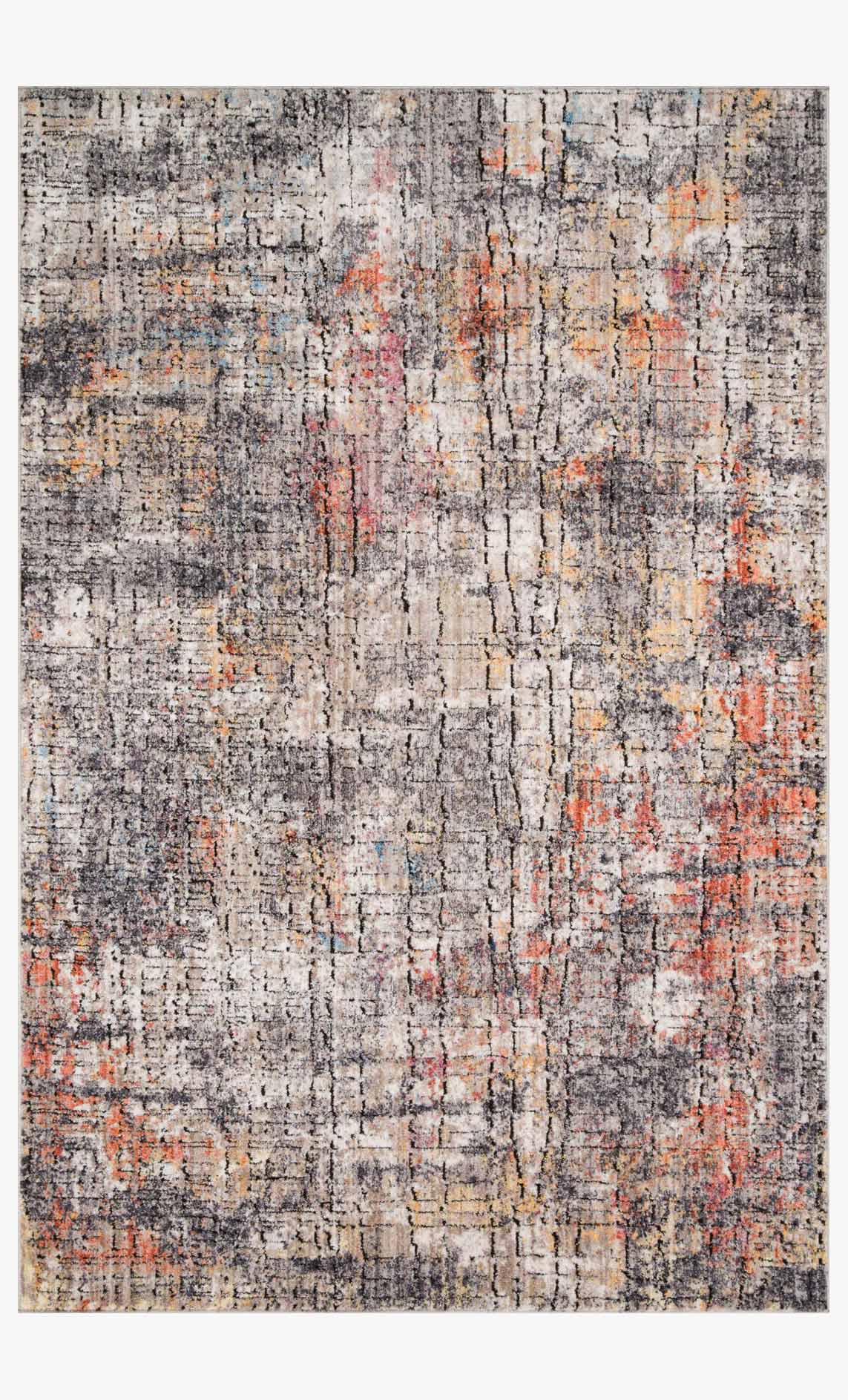 Graphite gray abstract power-loomed rug with sunset orange and speckled accents