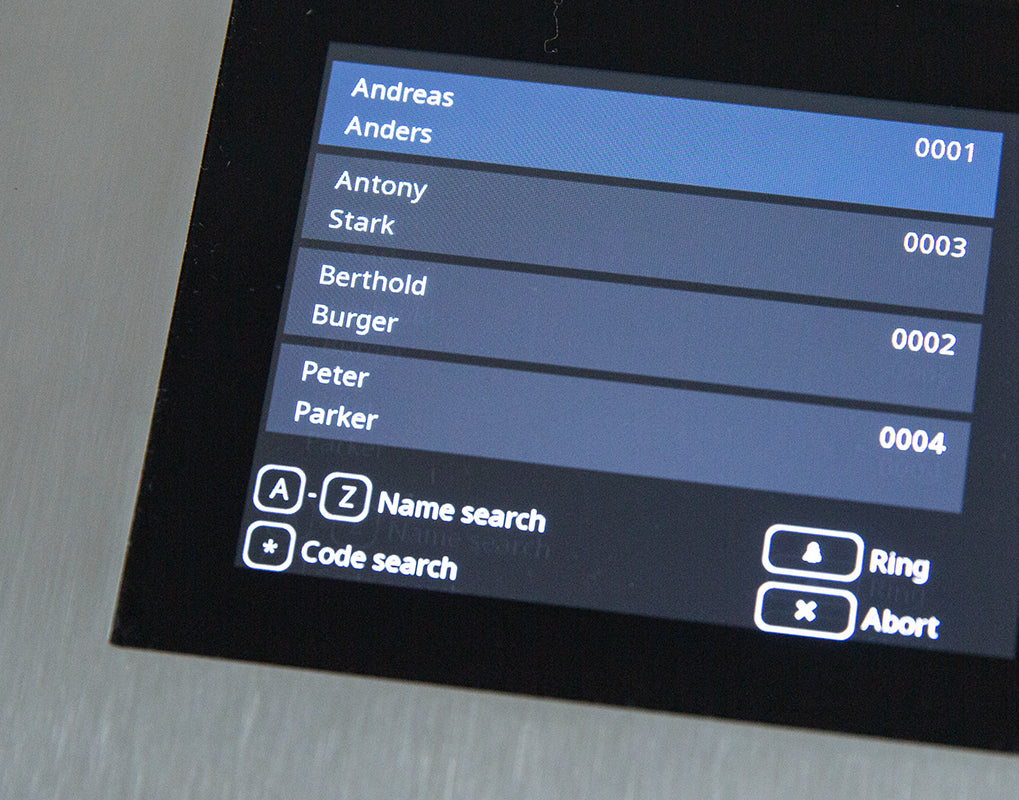 Black touchscreen showing tenant list and ring controls with access numbers