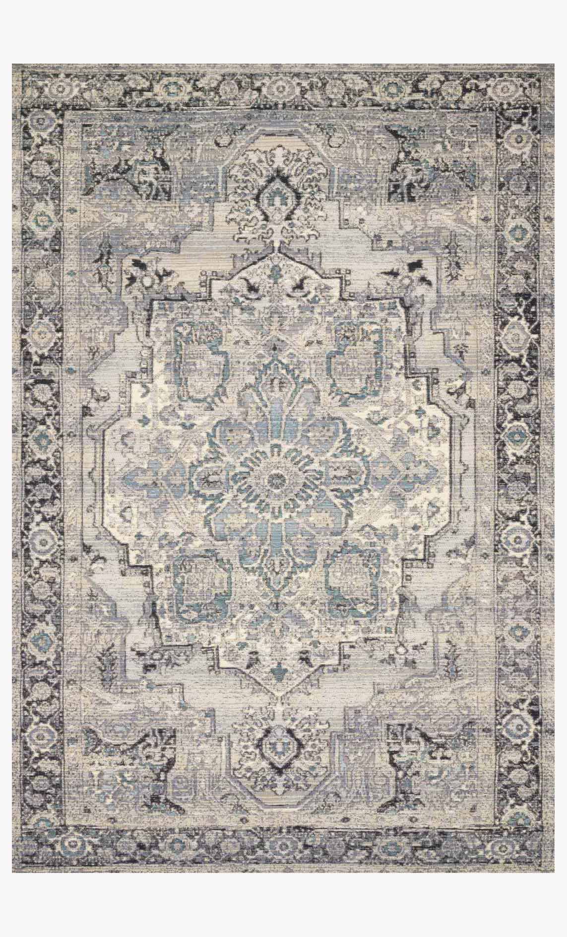 Grey and blue indoor/outdoor power-loomed rug with ornate medallion and border