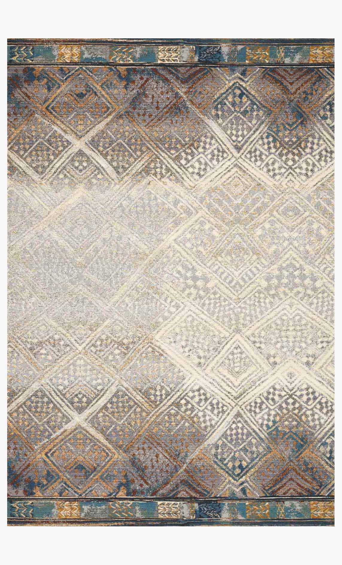 Indoor/outdoor power-loomed rug with ivory and blue geometric diamond pattern, border