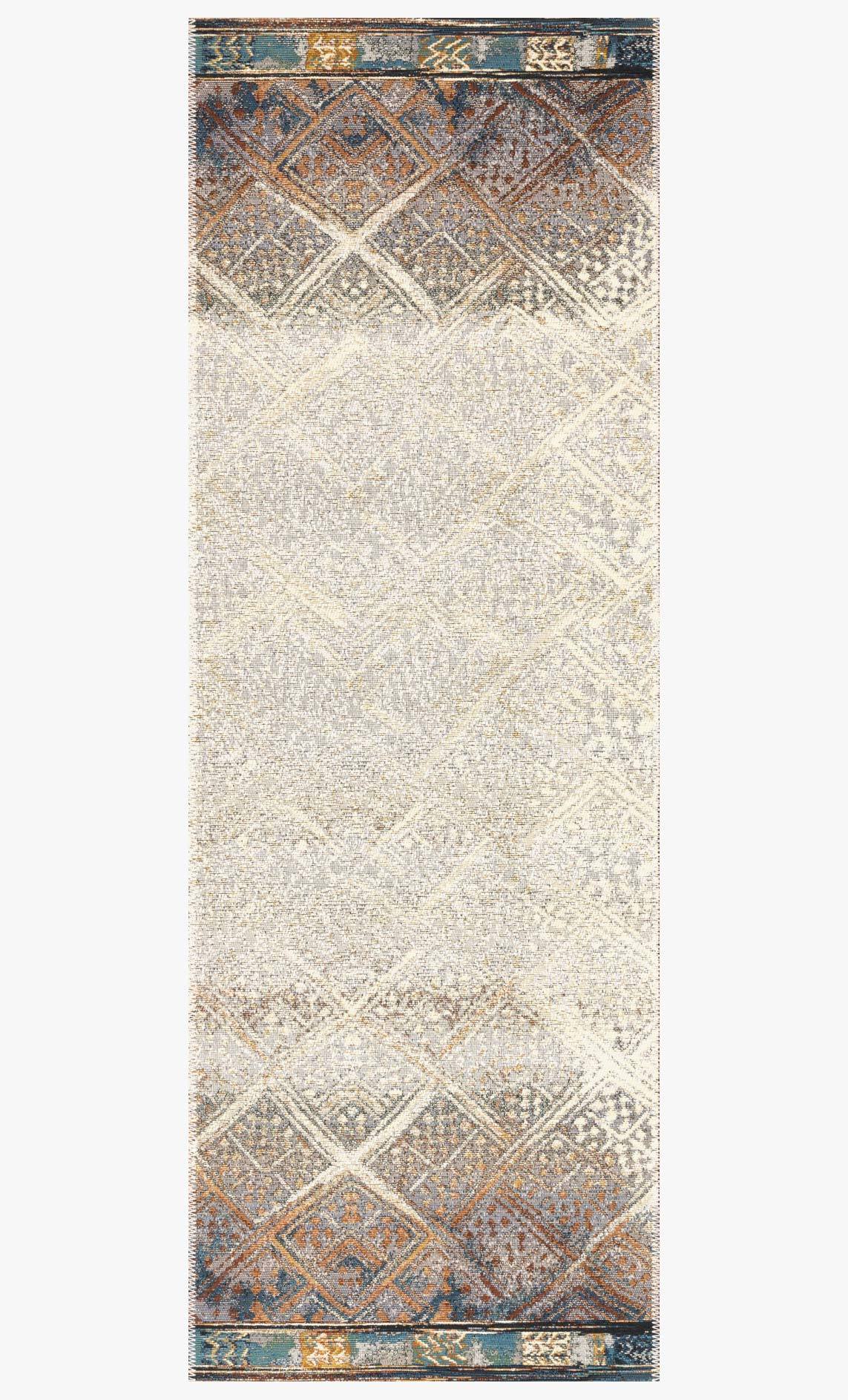 Indoor/outdoor power-loomed rug with ivory field and blue border, repeating diamond motif
