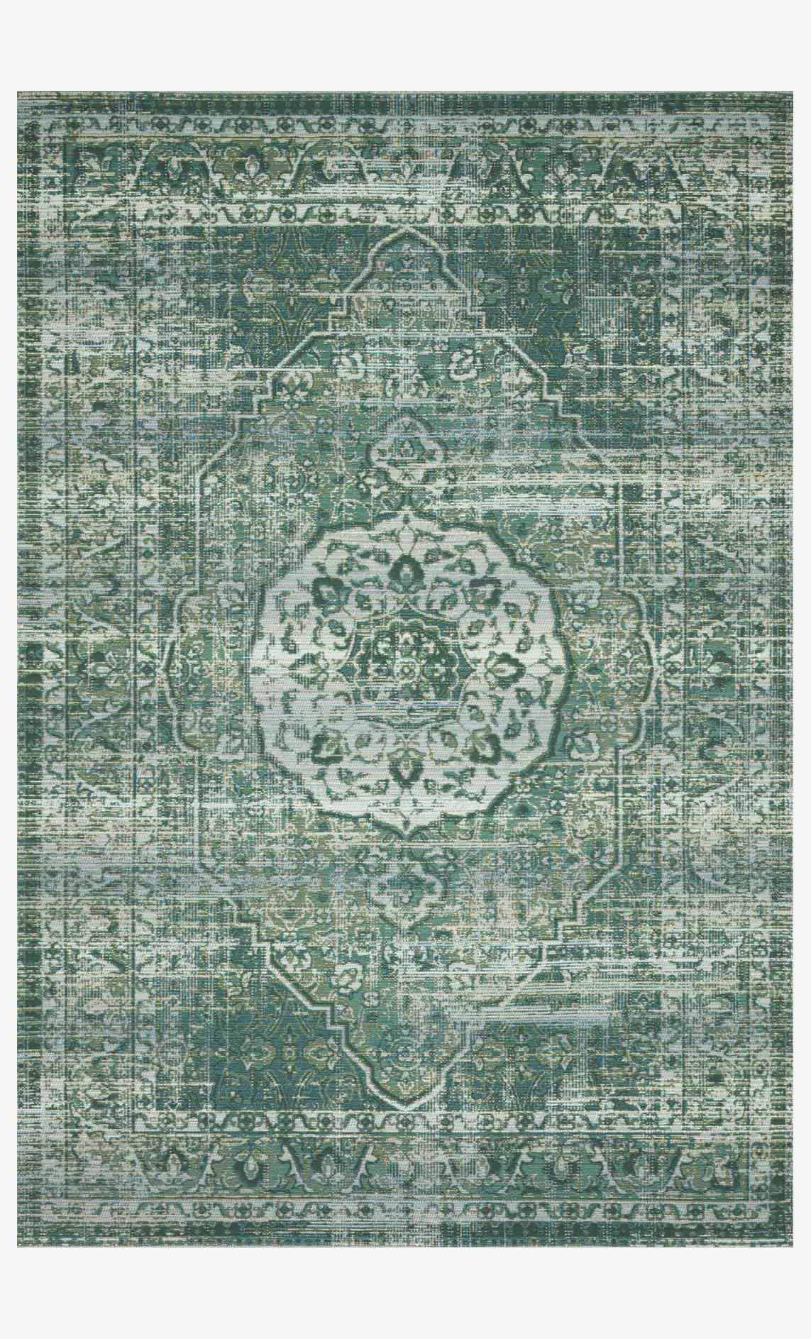 Green and mist power-loomed area rug with medallion and geometric pattern