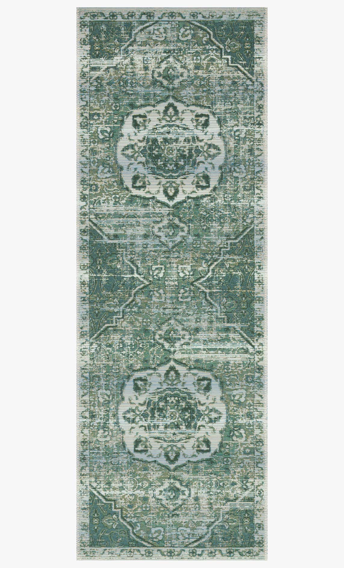 Rectangular green and mist rug with two medallions and framed geometric motifs