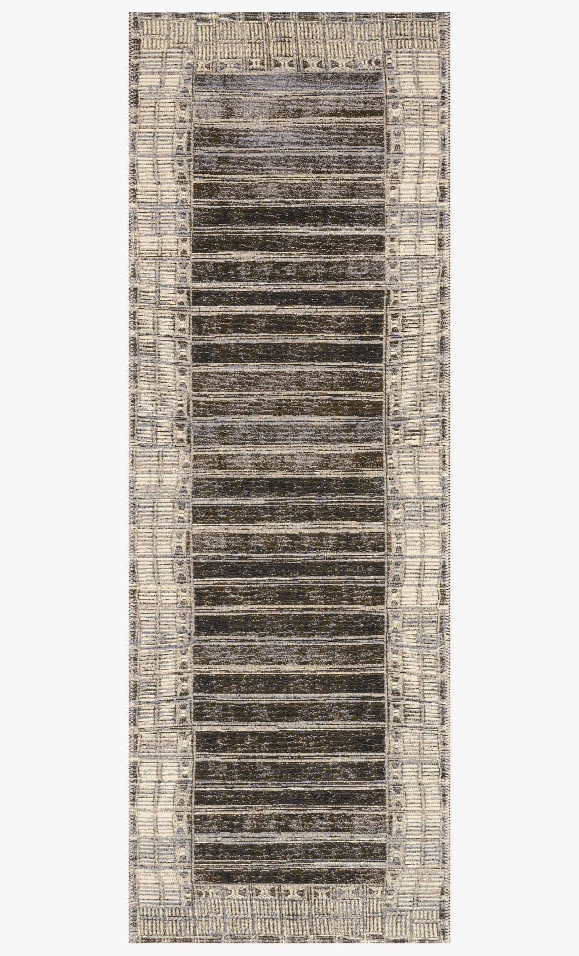 Charcoal and ivory power loom rug with vertical border and stacked horizontal stripe design