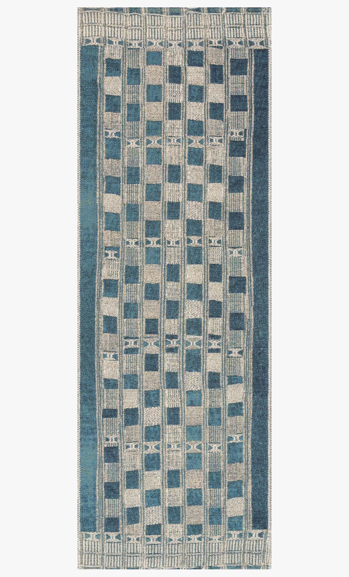 Indoor/outdoor power loomed rug in blue and ivory with vertical checker layout