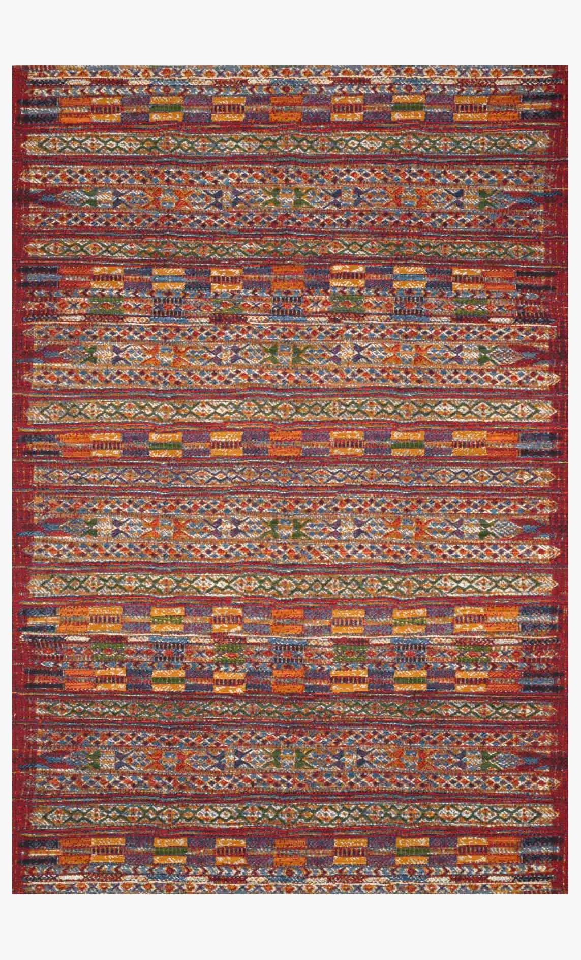 Red indoor/outdoor power-loomed rug with multicolor geometric stripes and border.