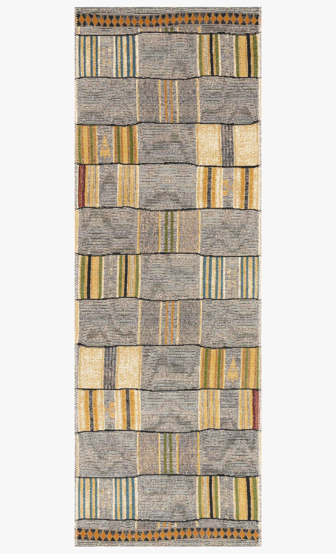 Full view of gray indoor/outdoor rug with square blocks in yellow and blue stripes