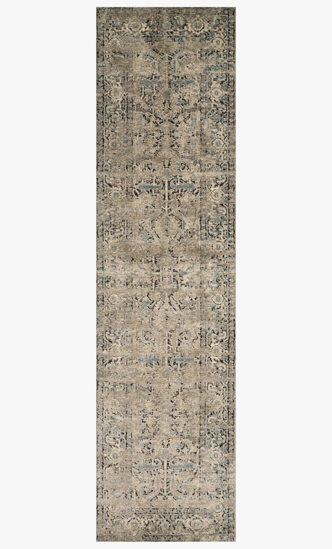 Narrow rectangular rug with distressed ornamental pattern, grey/stone with blue highlights
