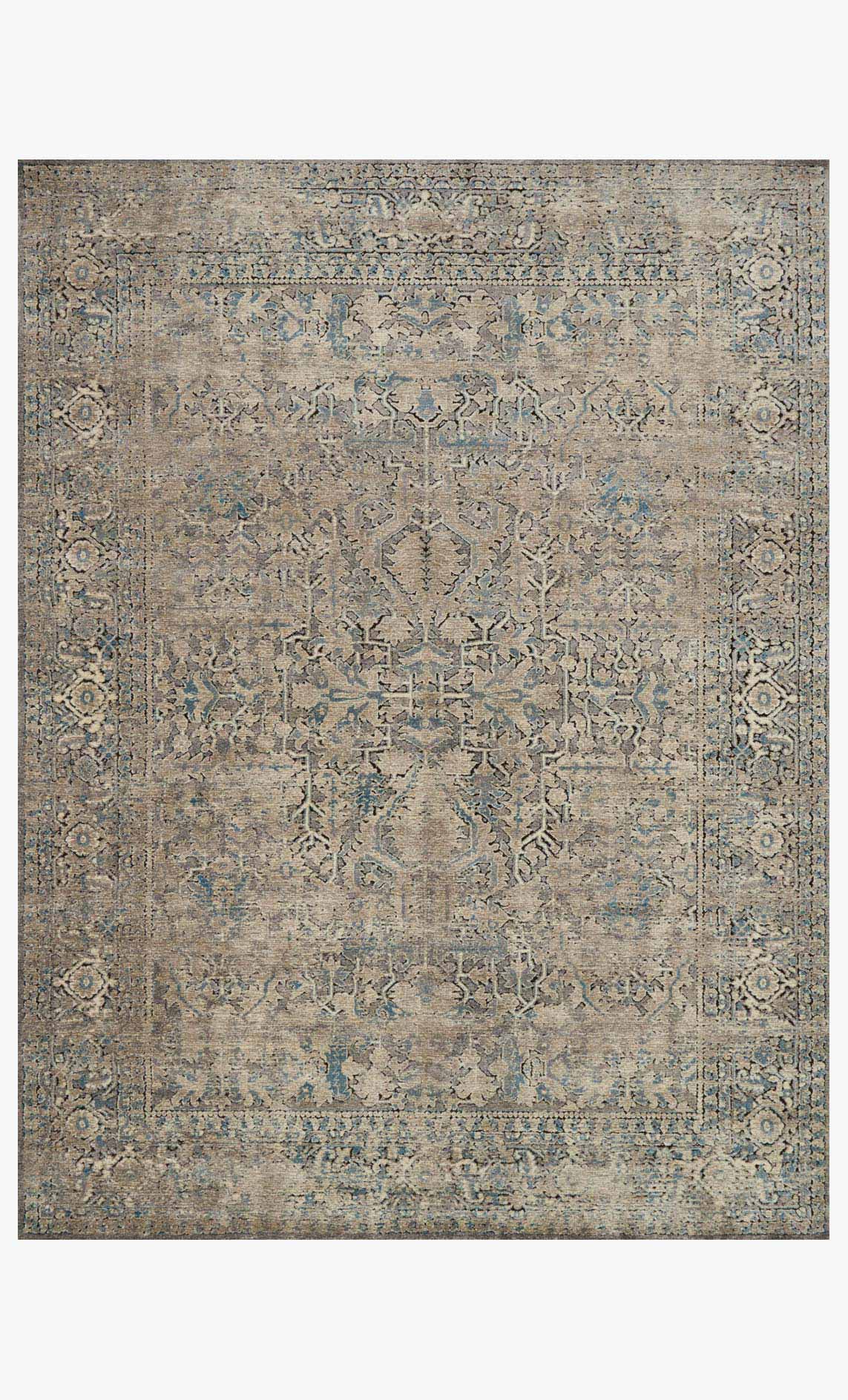 Square rug with ornate vintage-style pattern, muted grey/stone with blue and teal details