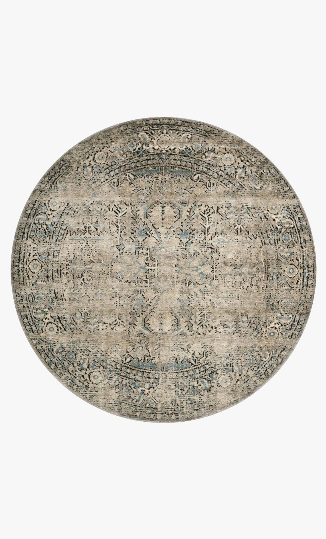 Grey and stone rug with distressed ornamental pattern and central medallion motif