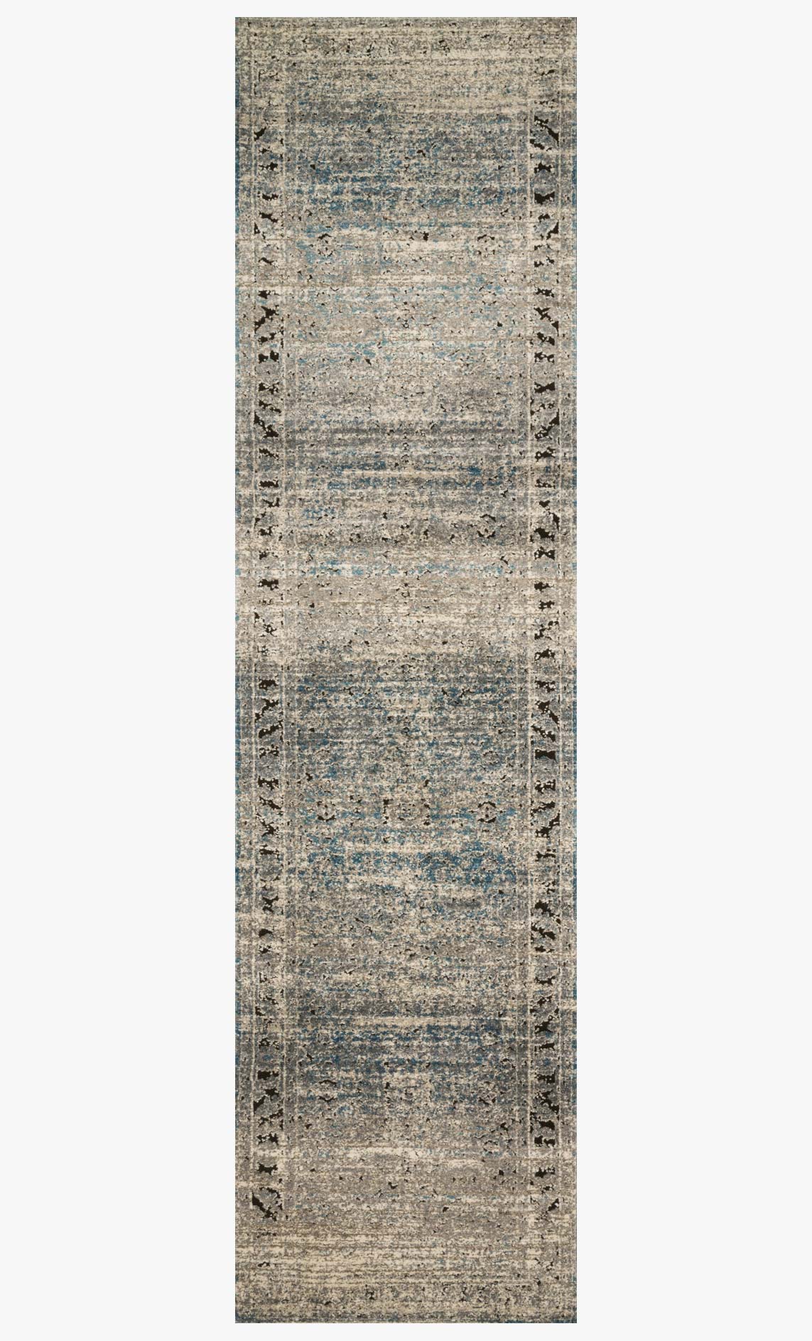 Transitional power-loomed rug runner, grey ground with blue abstract distressed lines