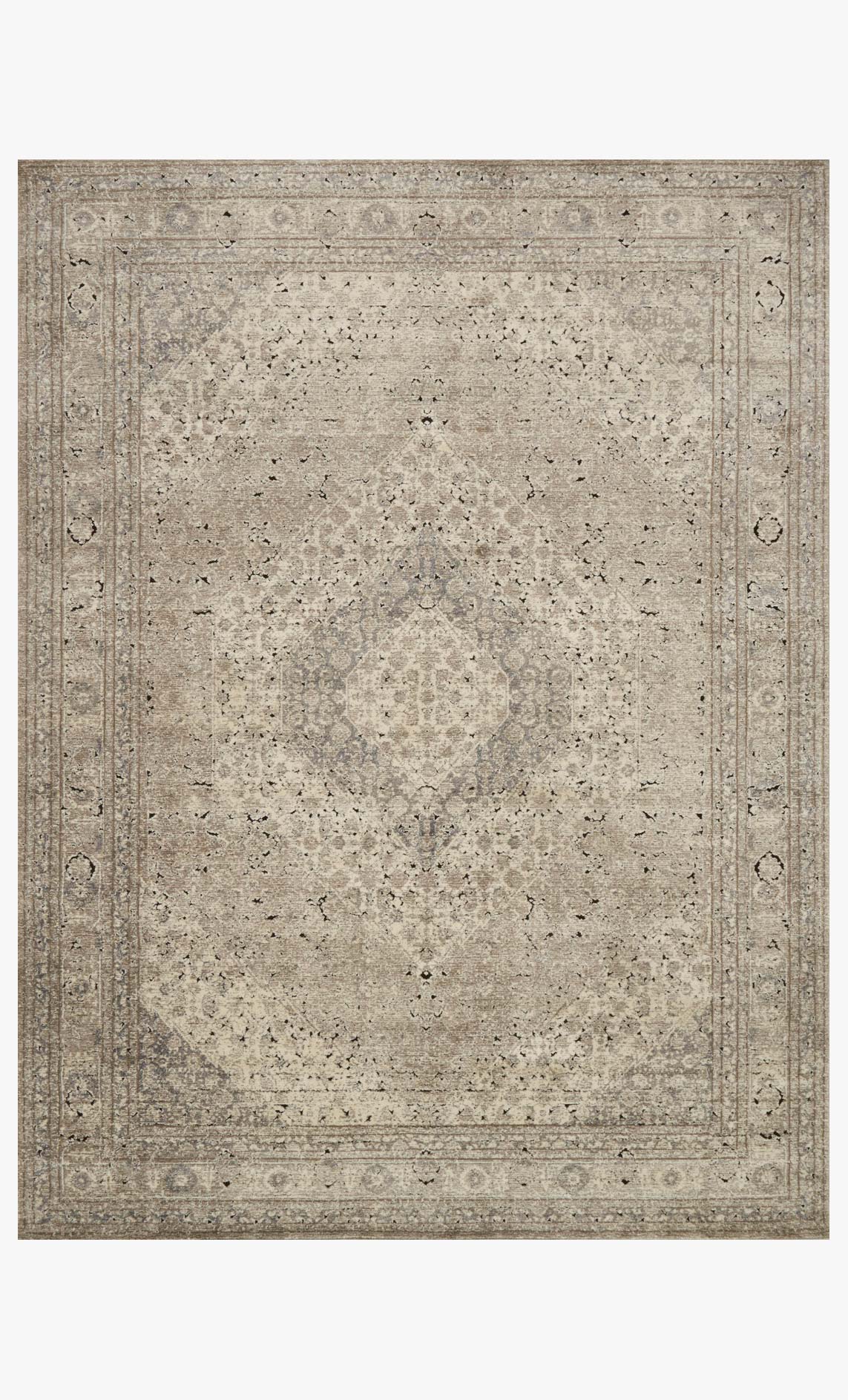 Sand and ivory power-loomed rug with ornate distressed border and central medallion