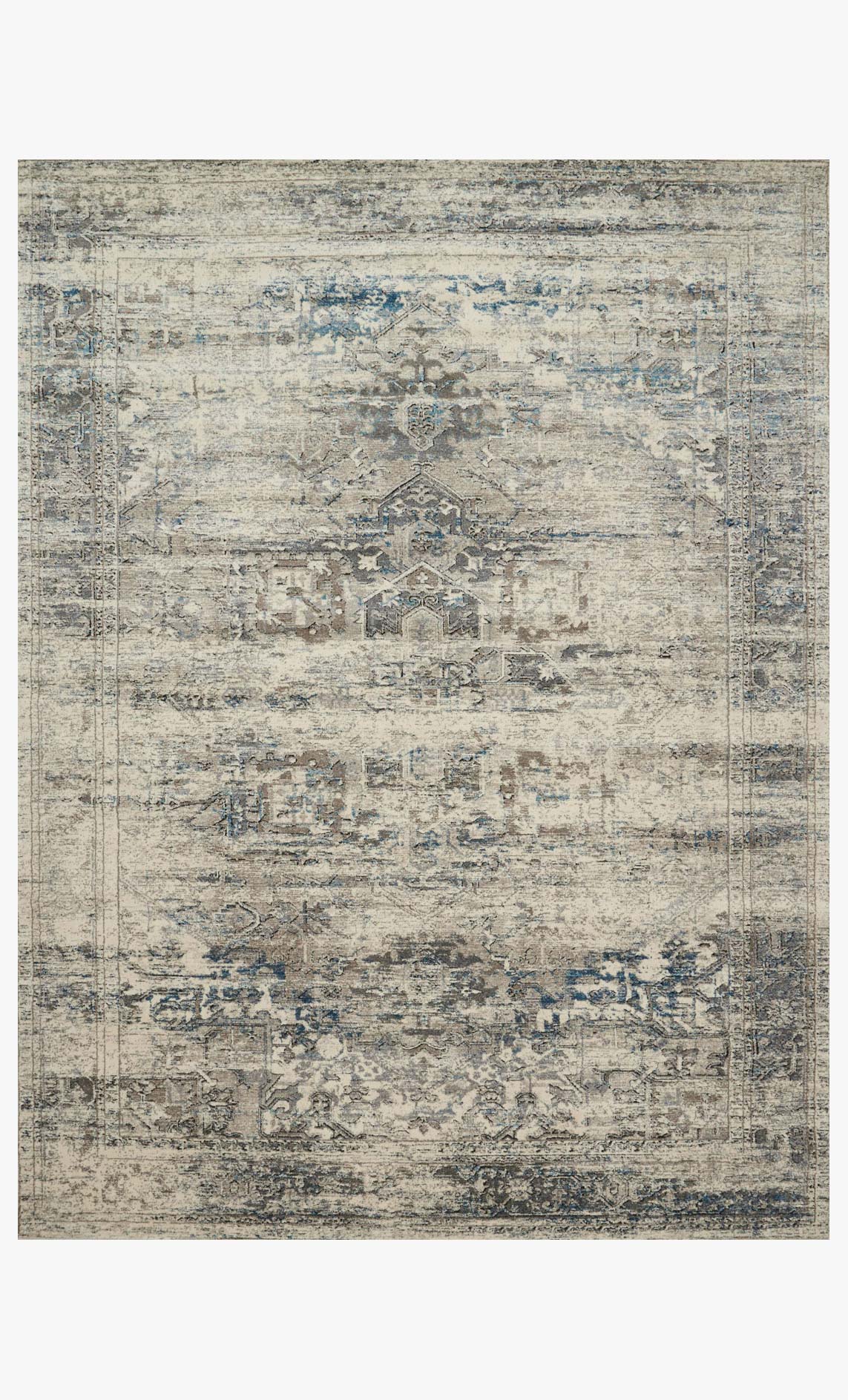 Taupe and ivory power-loomed rug with distressed geometric pattern and blue accents