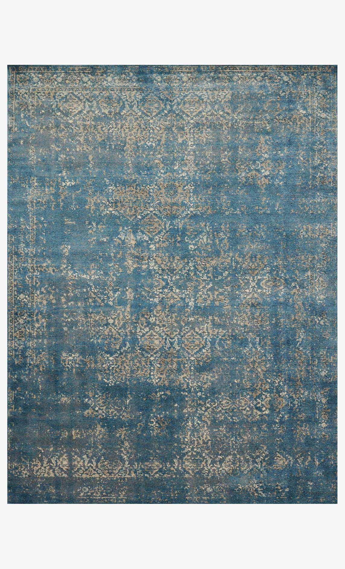 Transitional power-loomed rug in blue with taupe distressed motif, square design