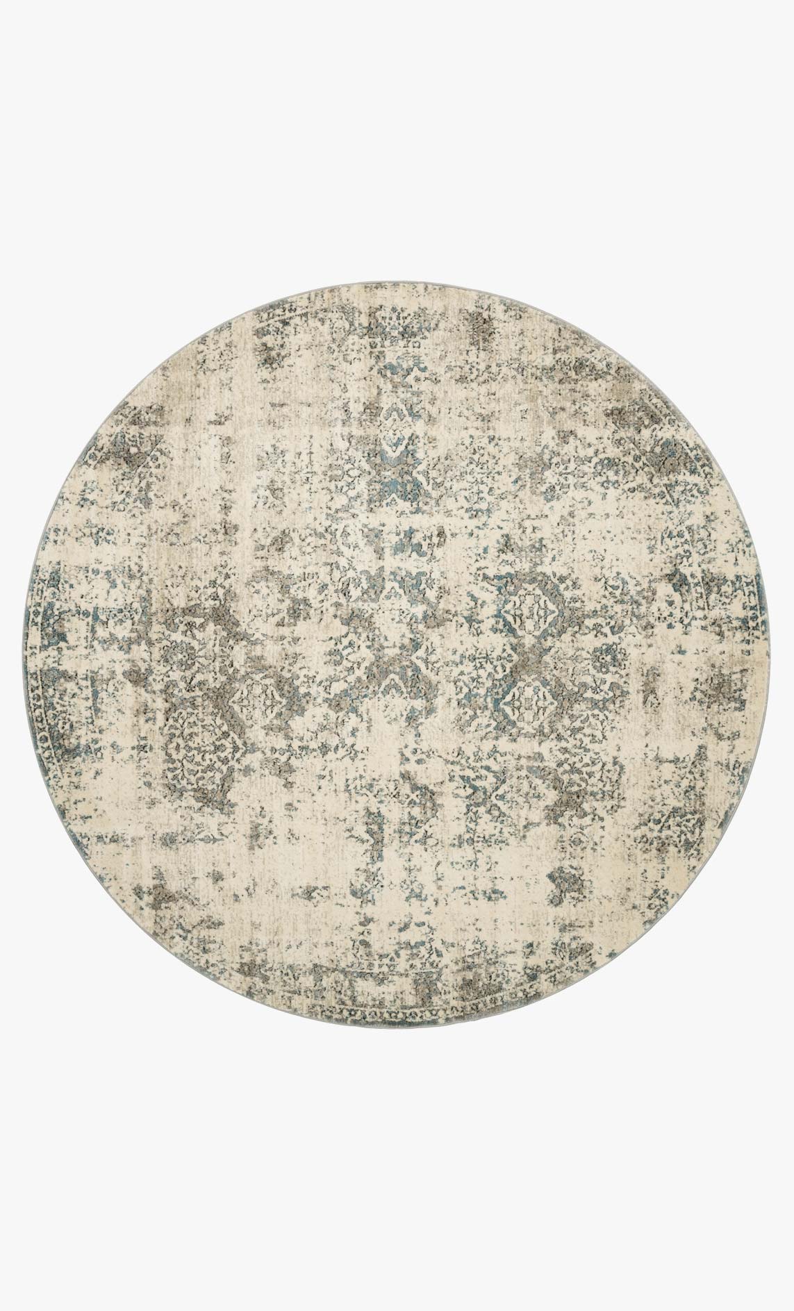 Round ivory and grey rug with distressed medallion-style abstract pattern