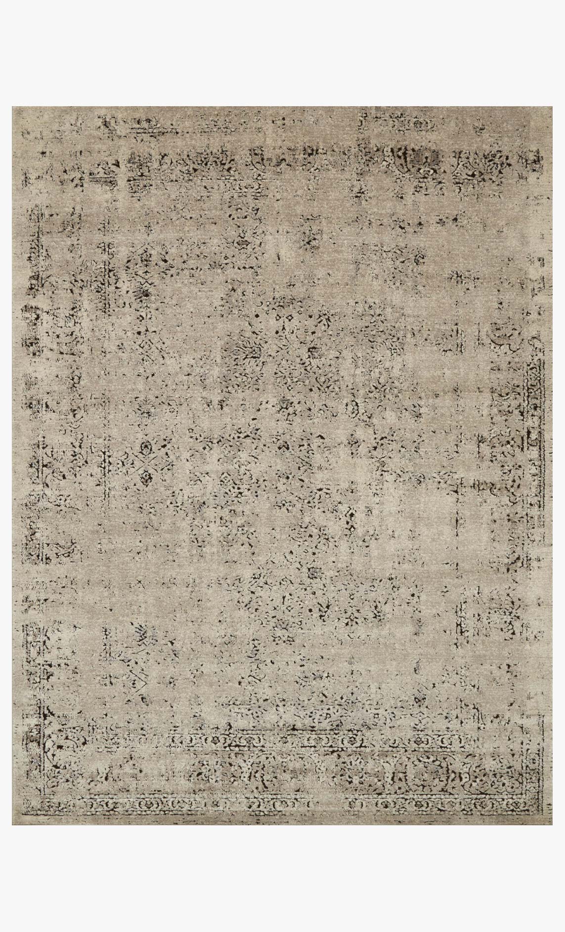Stone-and-charcoal transitional area rug with distressed, abstract pattern, flatweave.