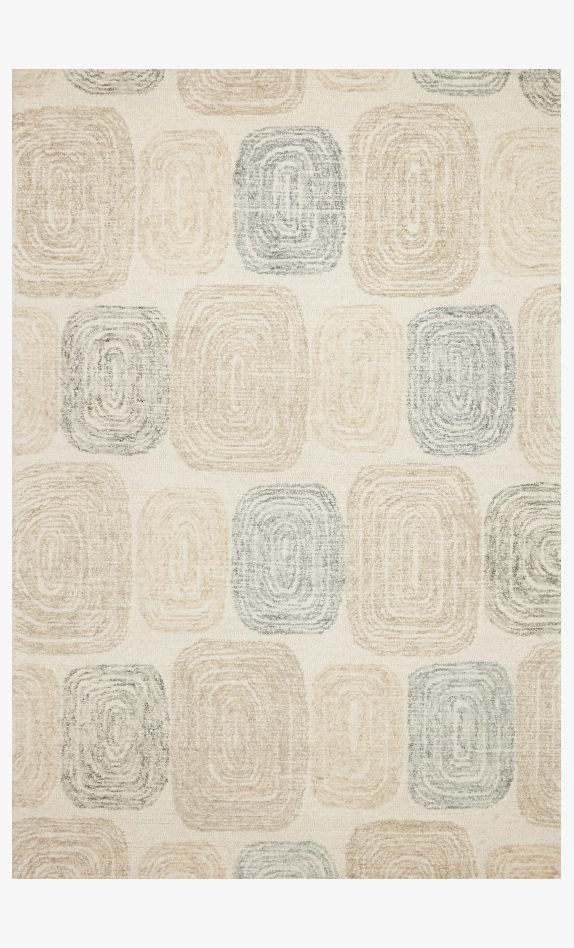 Hand-tufted rug with neutral background and gray square motifs, geometric pattern