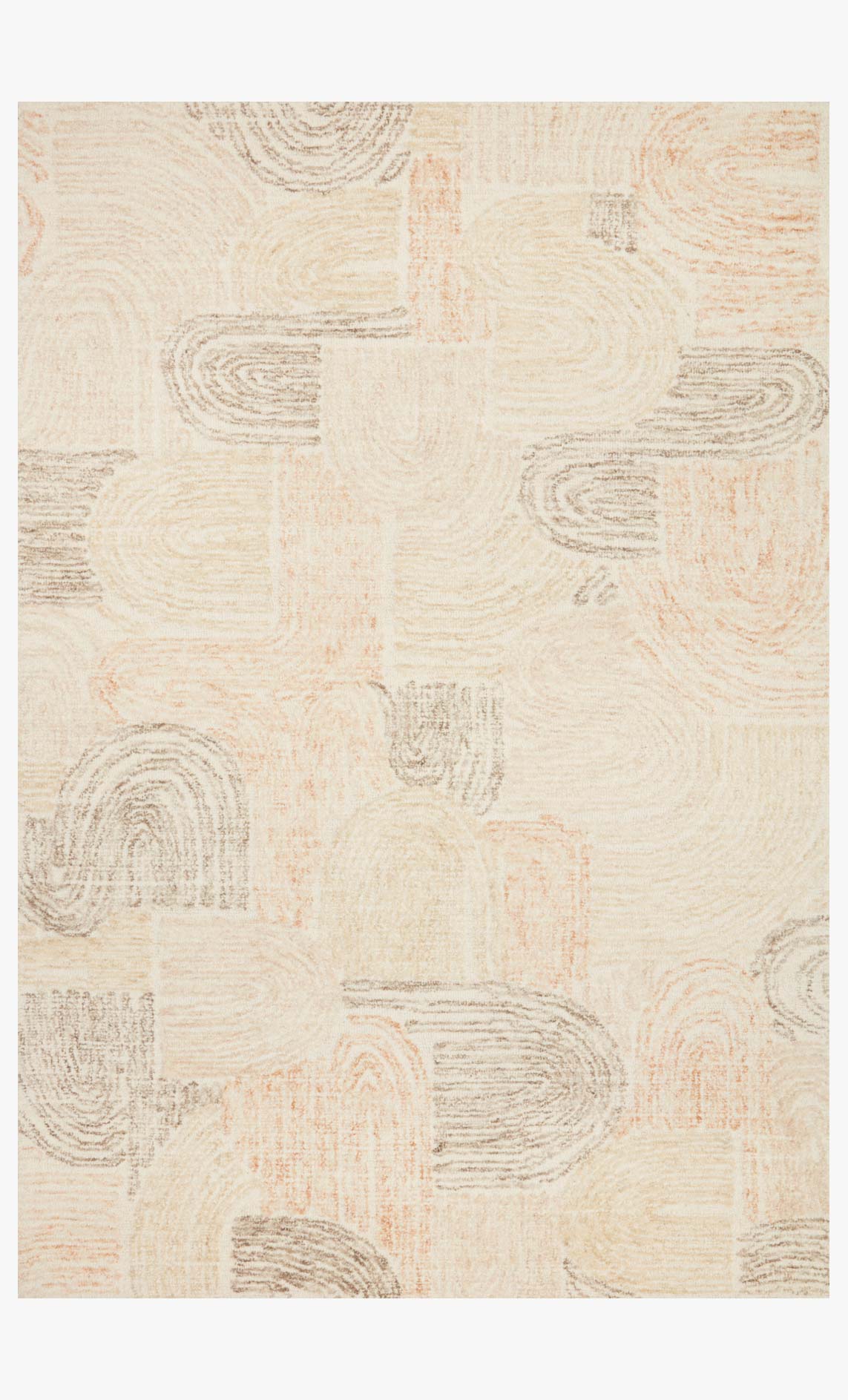 Peach and pebble abstract hand-tufted rug with swirling lines on light cream ground