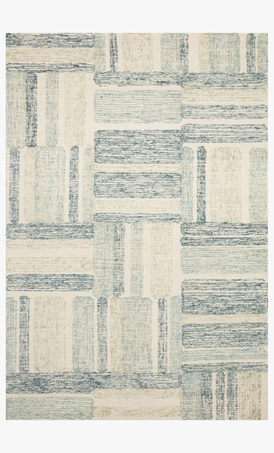 Aqua and denim hand-tufted rug with geometric striped pattern on cream background