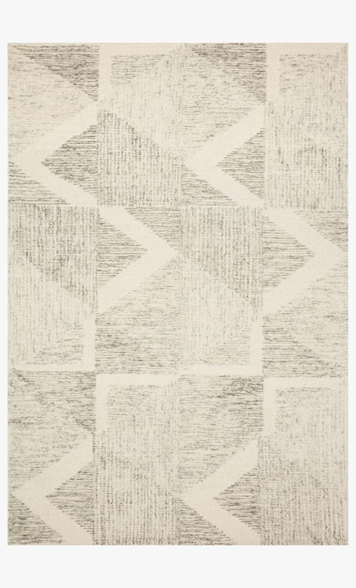 Light gray and beige hand-tufted rug with geometric cross motif and textured surface