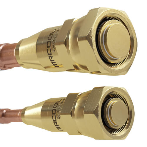 Gold flare fittings with O-ring seals on HVAC line set, 1/4 x 1/2 in
