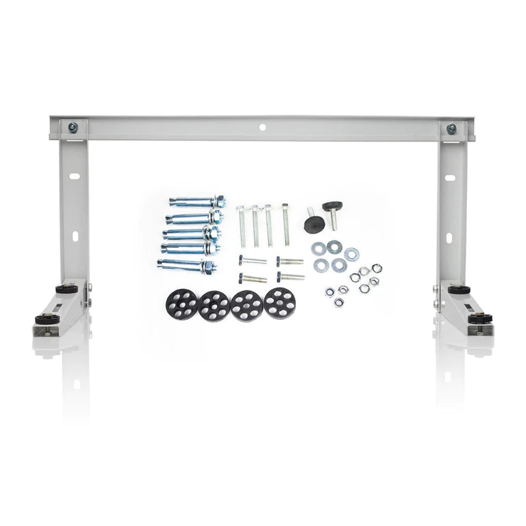 White metal condenser wall mount bracket with included hardware and fasteners
