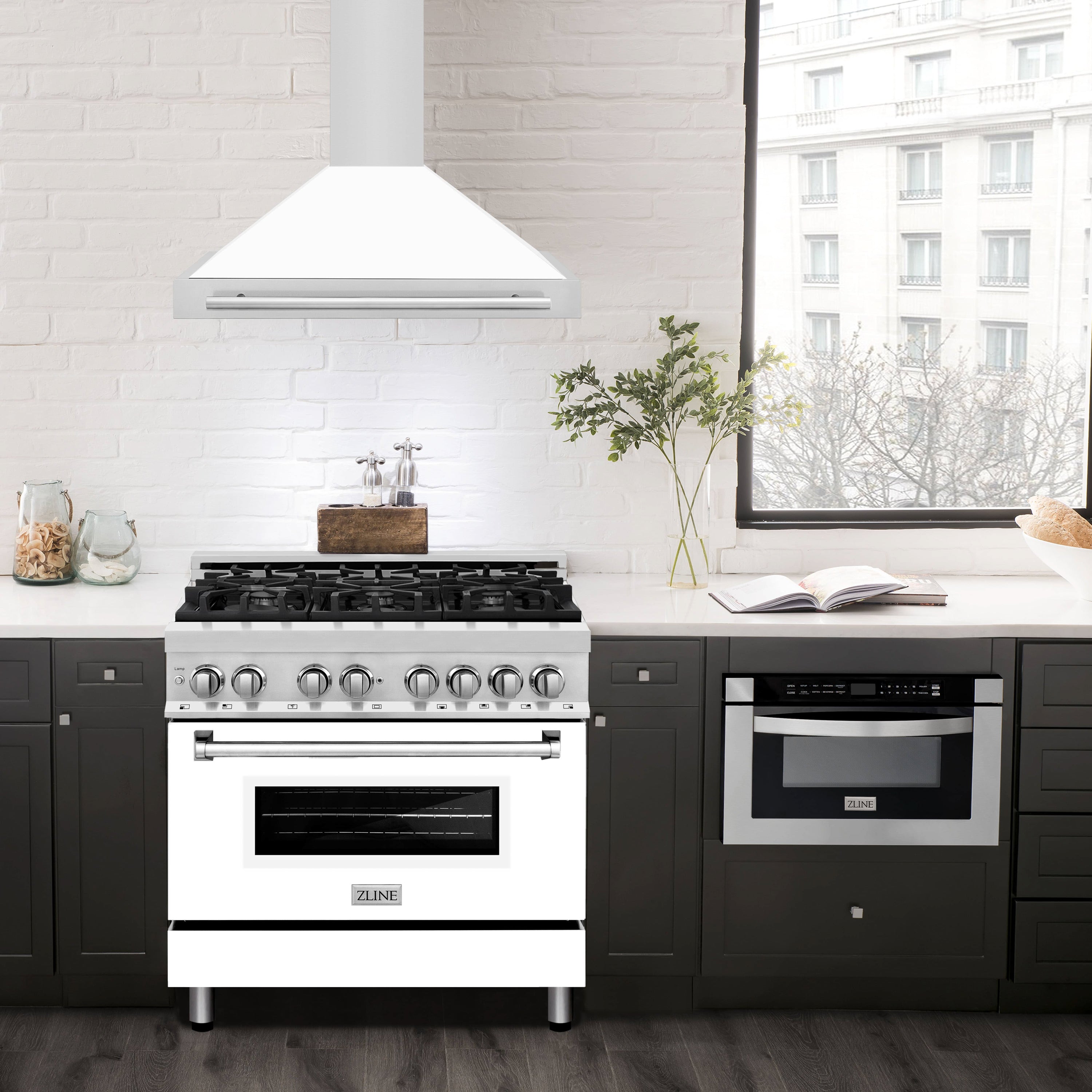 Wall-mounted range hood over gas range, white matte shell with metal vent