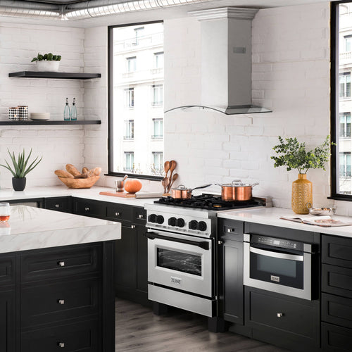 White dual fuel range with wall-mounted hood and built-in appliances in modern kitchen