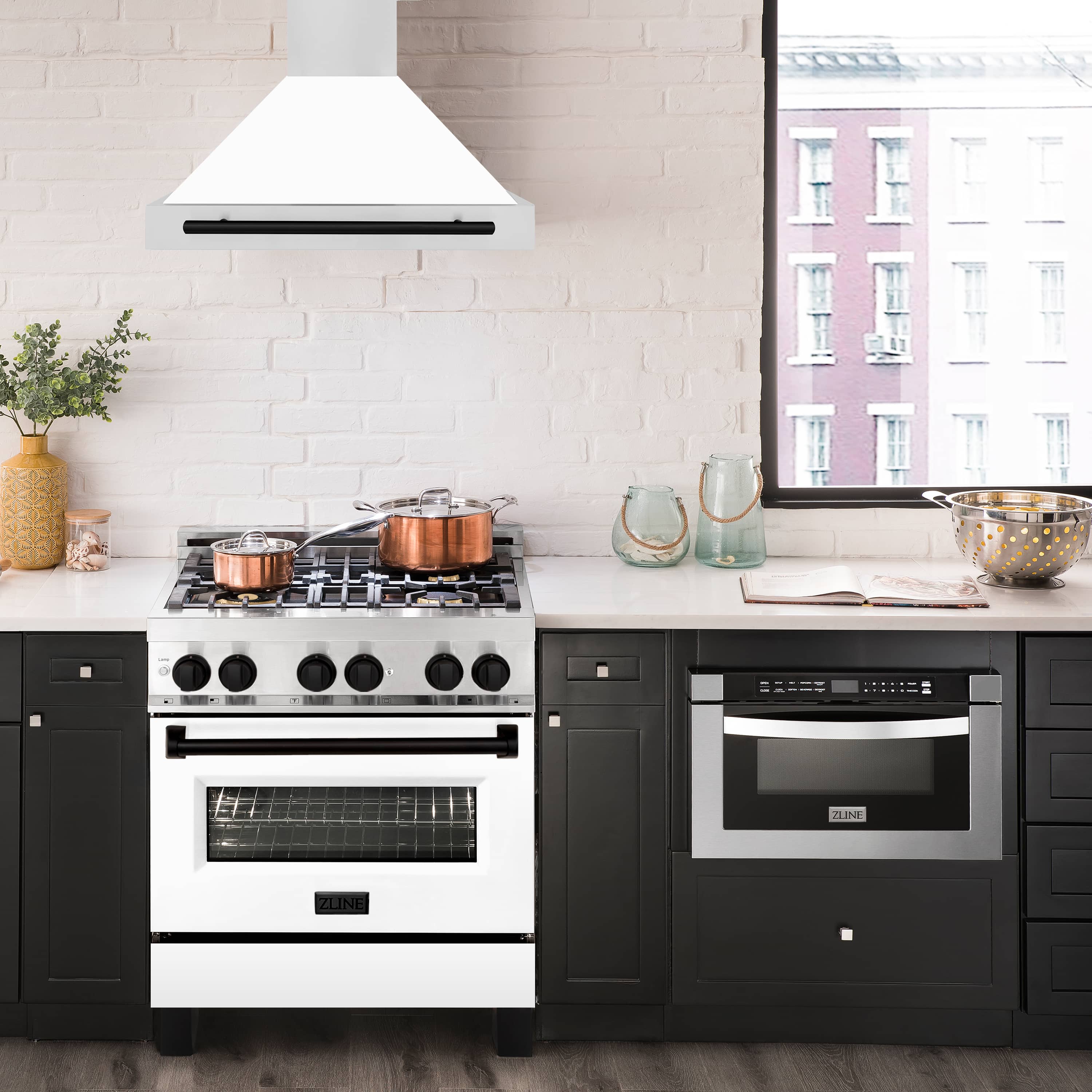 Wall-mounted range hood with white matte canopy and matte black vent bar