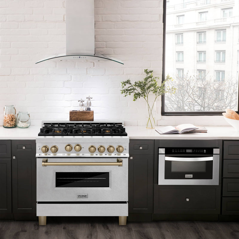 ZLINE Autograph Edition 36-Inch 4.6 cu. ft. Range with Gas Stove and Gas Oven in DuraSnow® Stainless Steel with Champagne Bronze Accents (RGSZ-SN-36-CB)