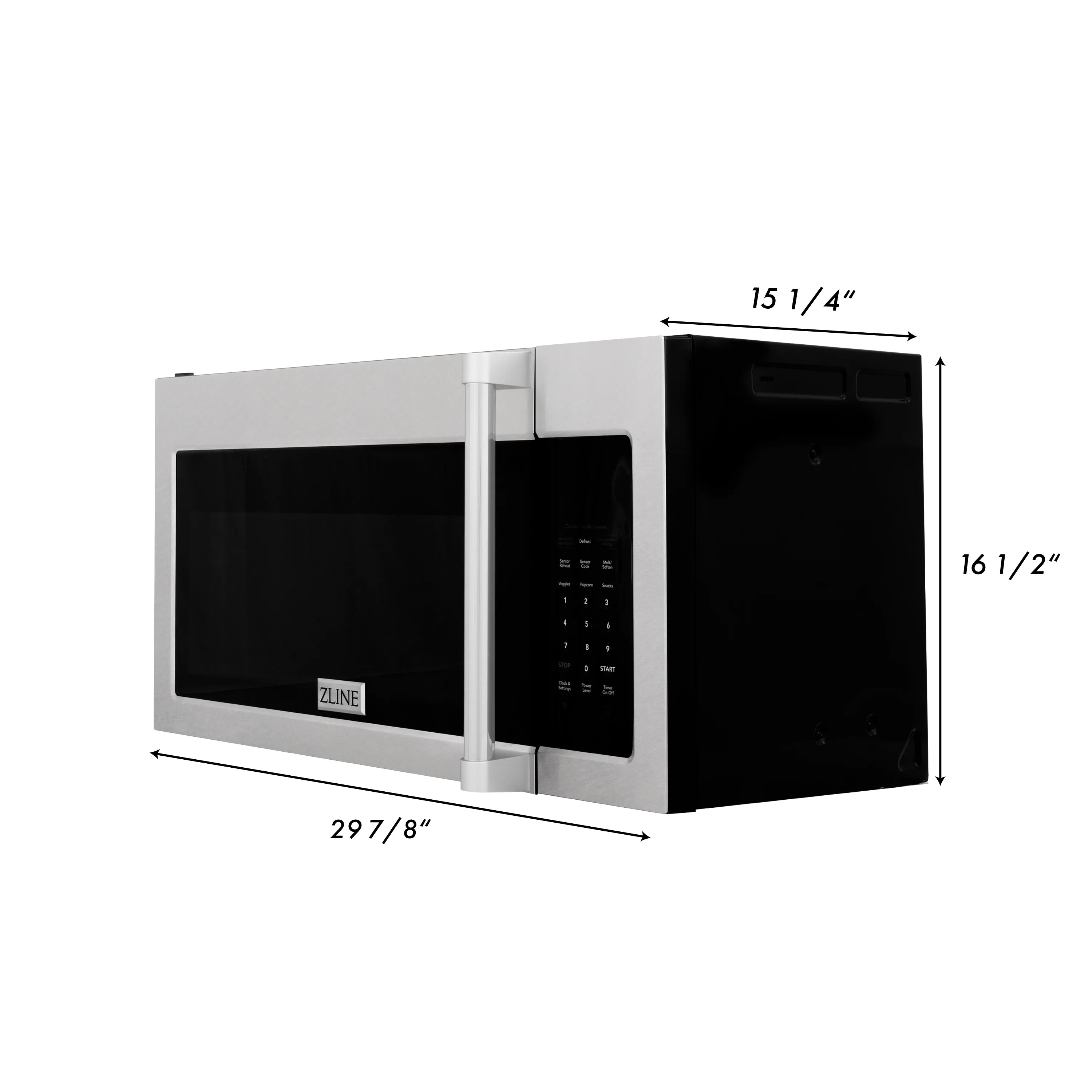 Stainless microwave front view with door opening and overall size dimensions