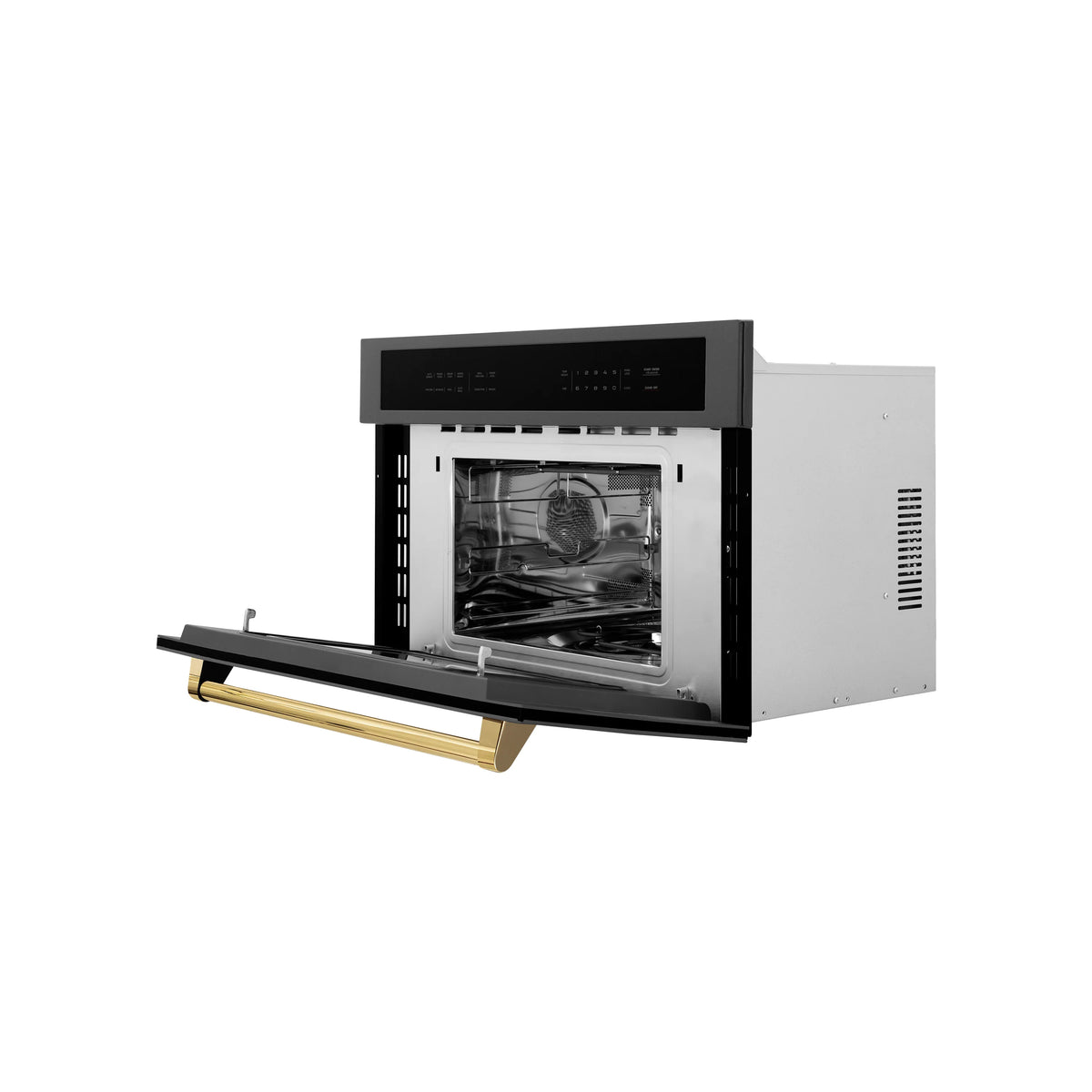 Built-in convection microwave oven open, showing interior cavity and gold trim handle