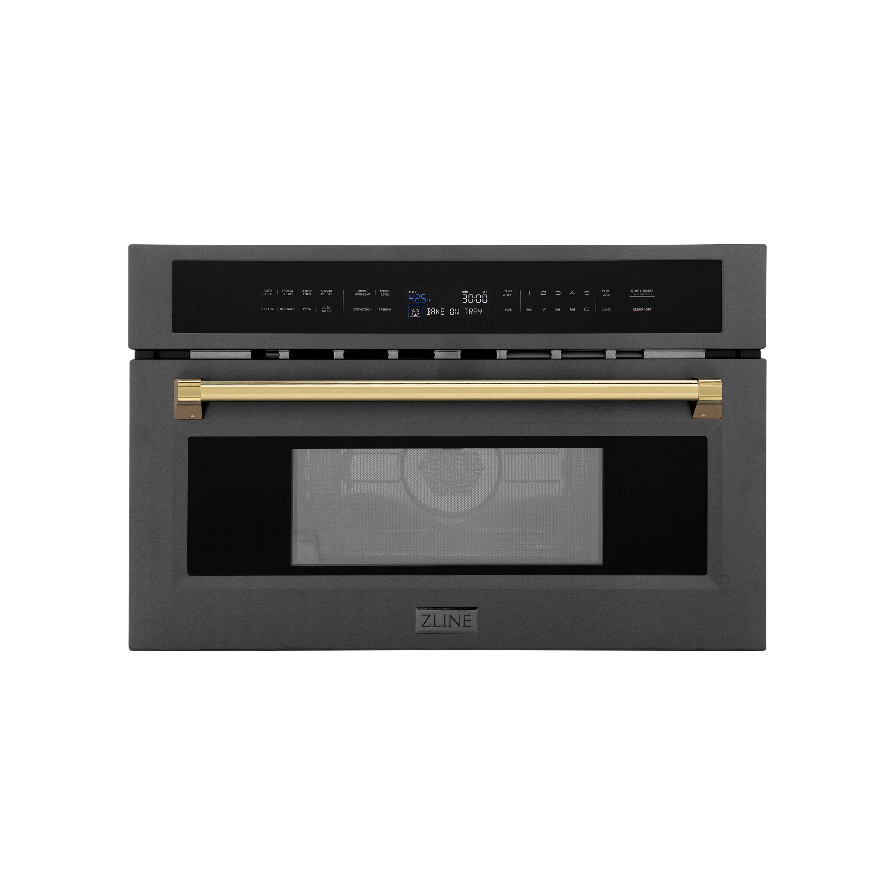 Built-in convection microwave oven, black stainless steel with gold accent handle