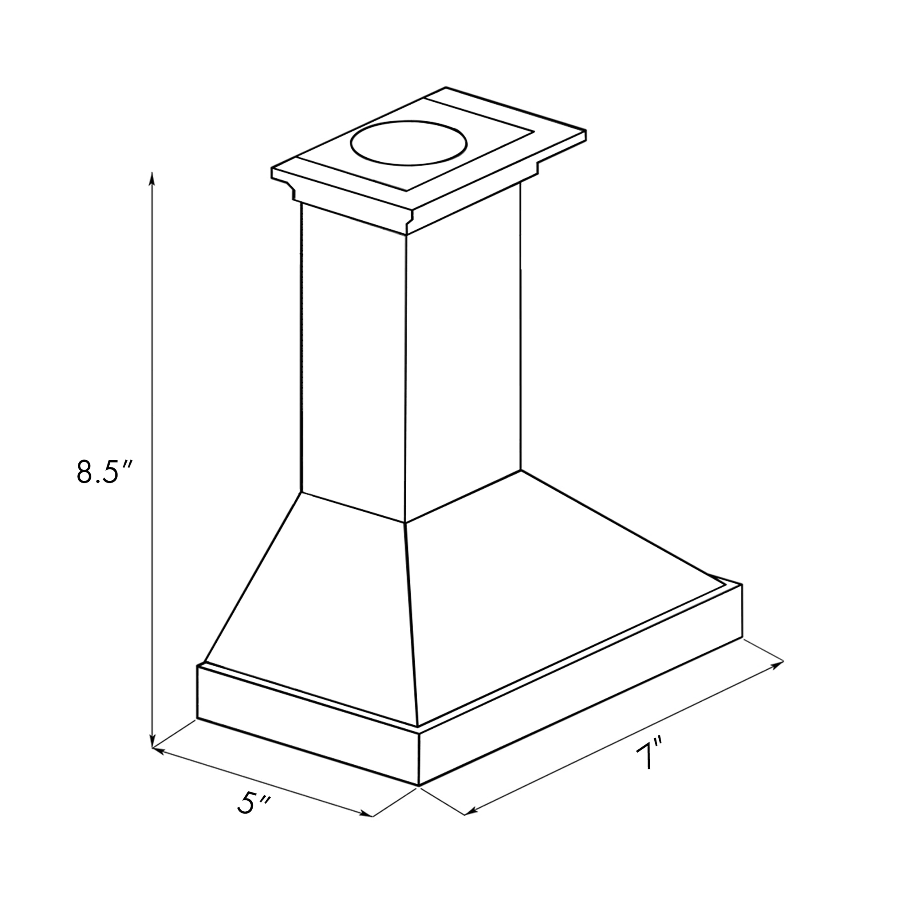 Chimney-style mini range hood diagram with 8.5 in height and 5 x 7 in base