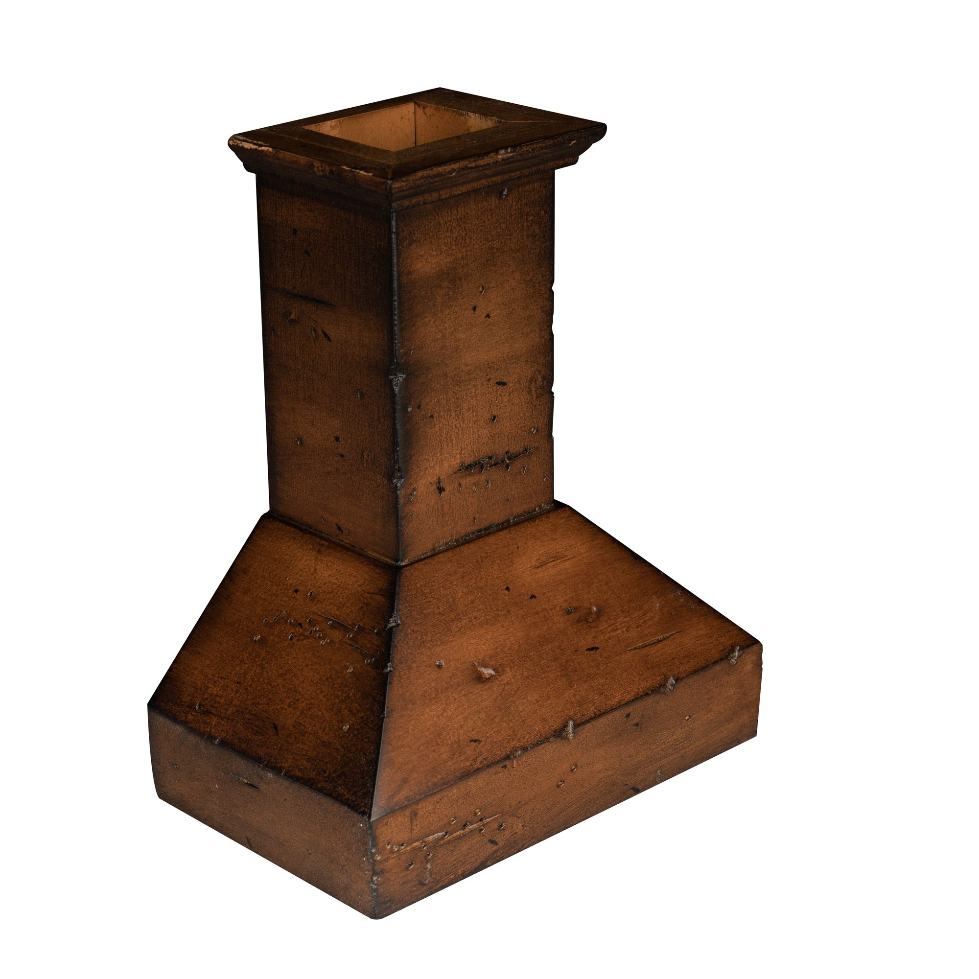 Rustic dark wood mini range hood with rectangular chimney top and flanged base.
