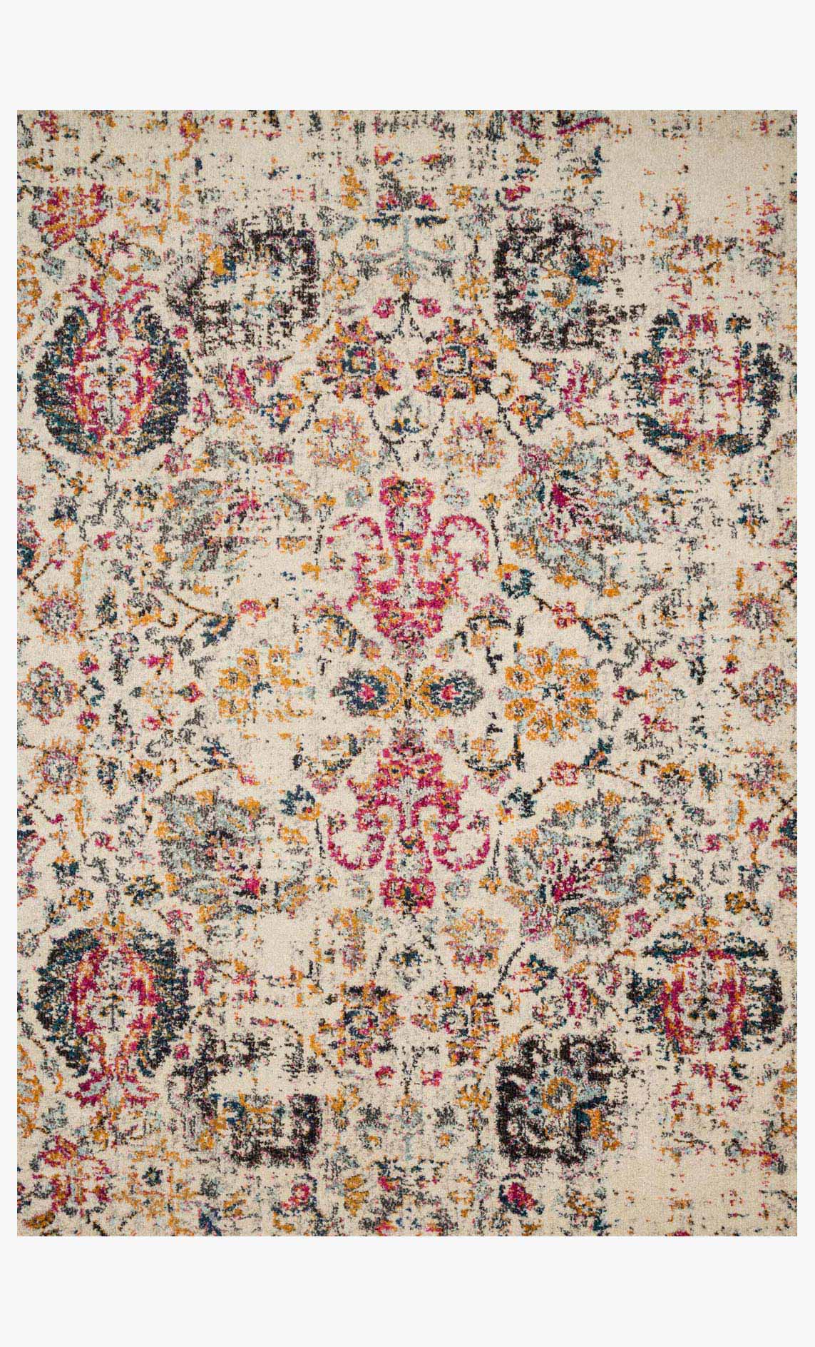 Ivory area rug with multicolor distressed medallion and ornate pattern, flat weave look