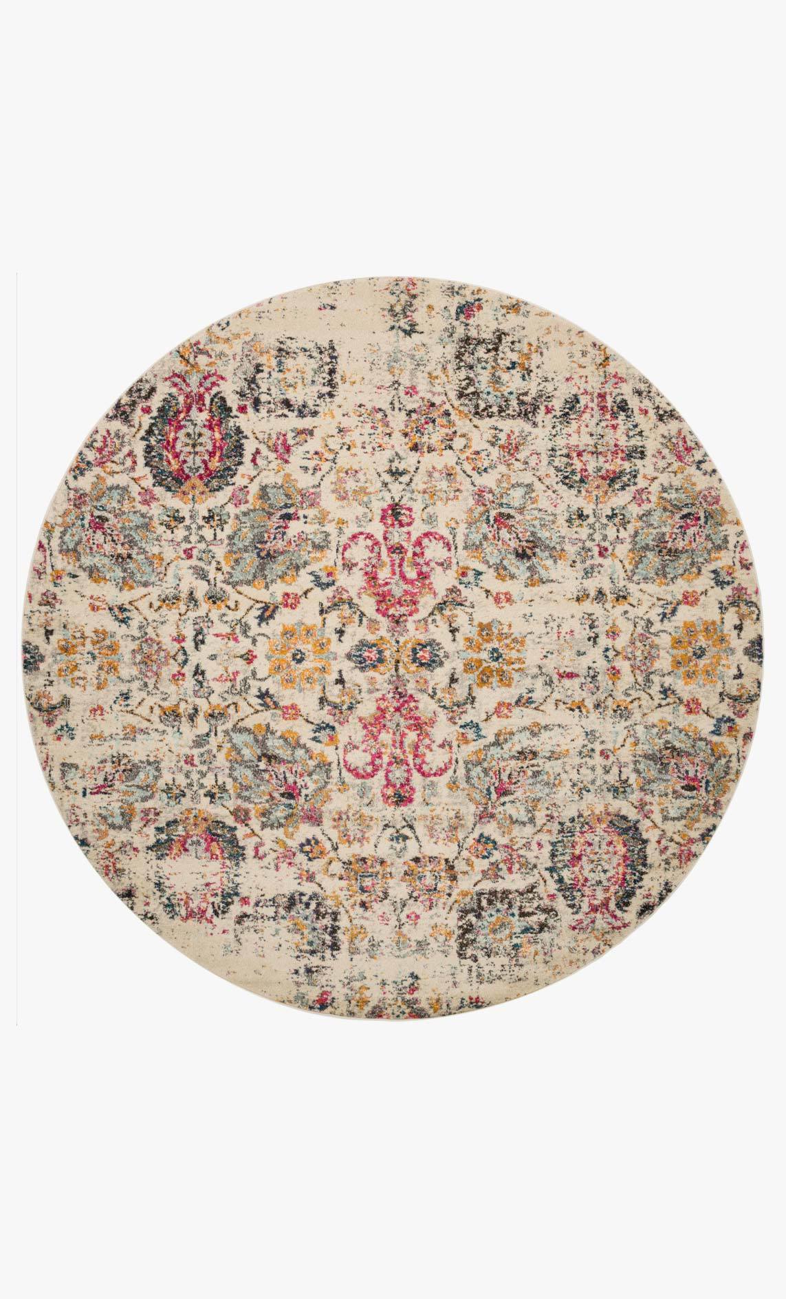 Ivory round rug with central pink and multicolor ornamental medallion pattern