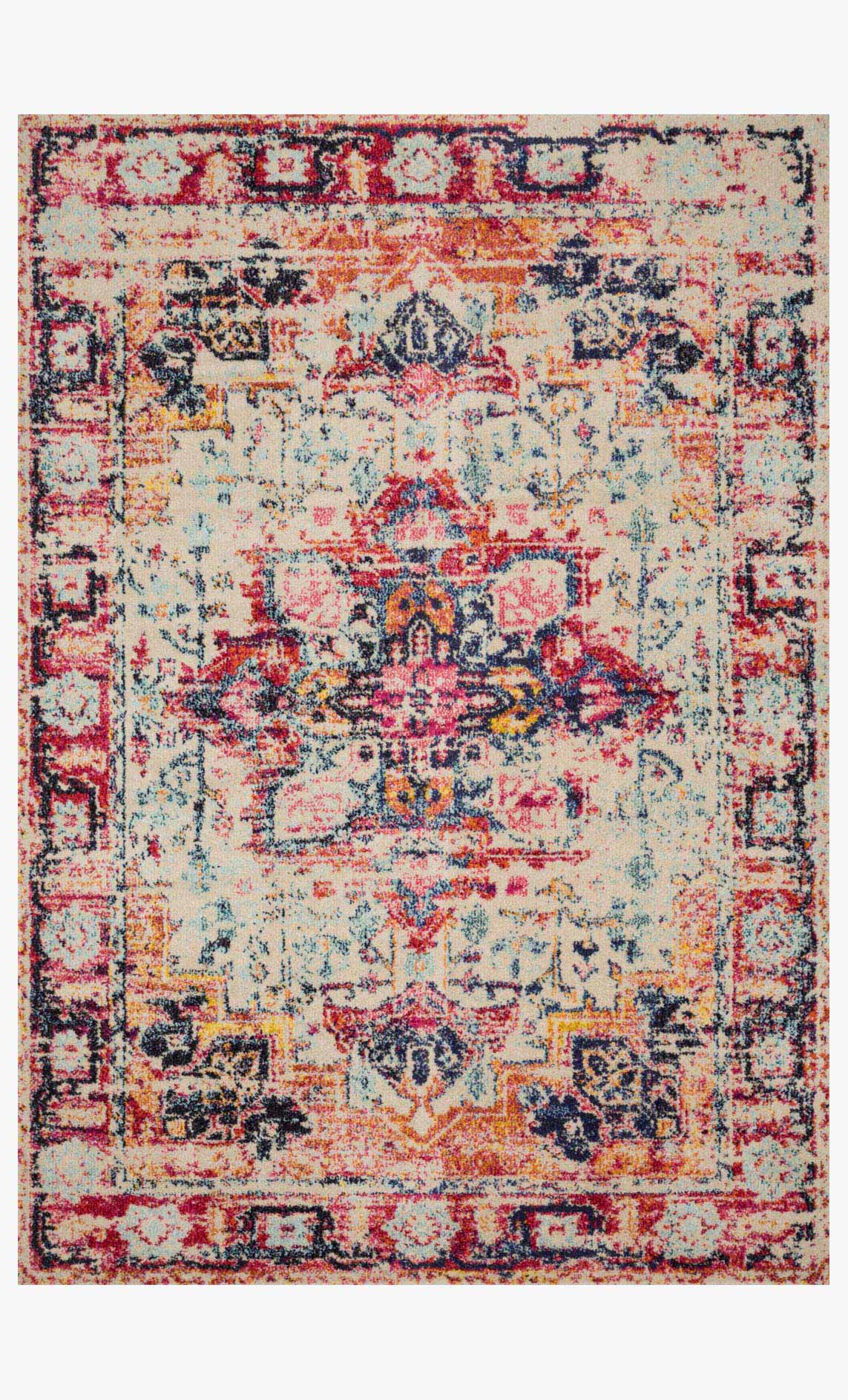 Ivory multicolor area rug with ornate medallion pattern and decorative border