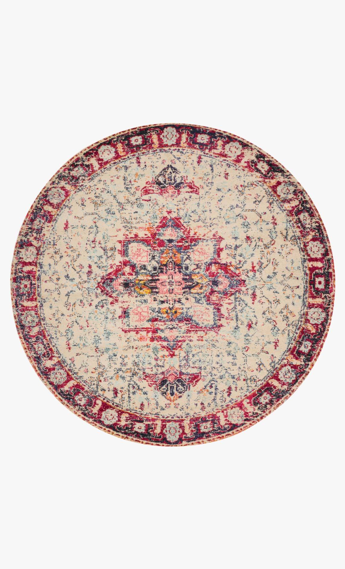 Round ivory multicolor rug with central medallion and decorative border
