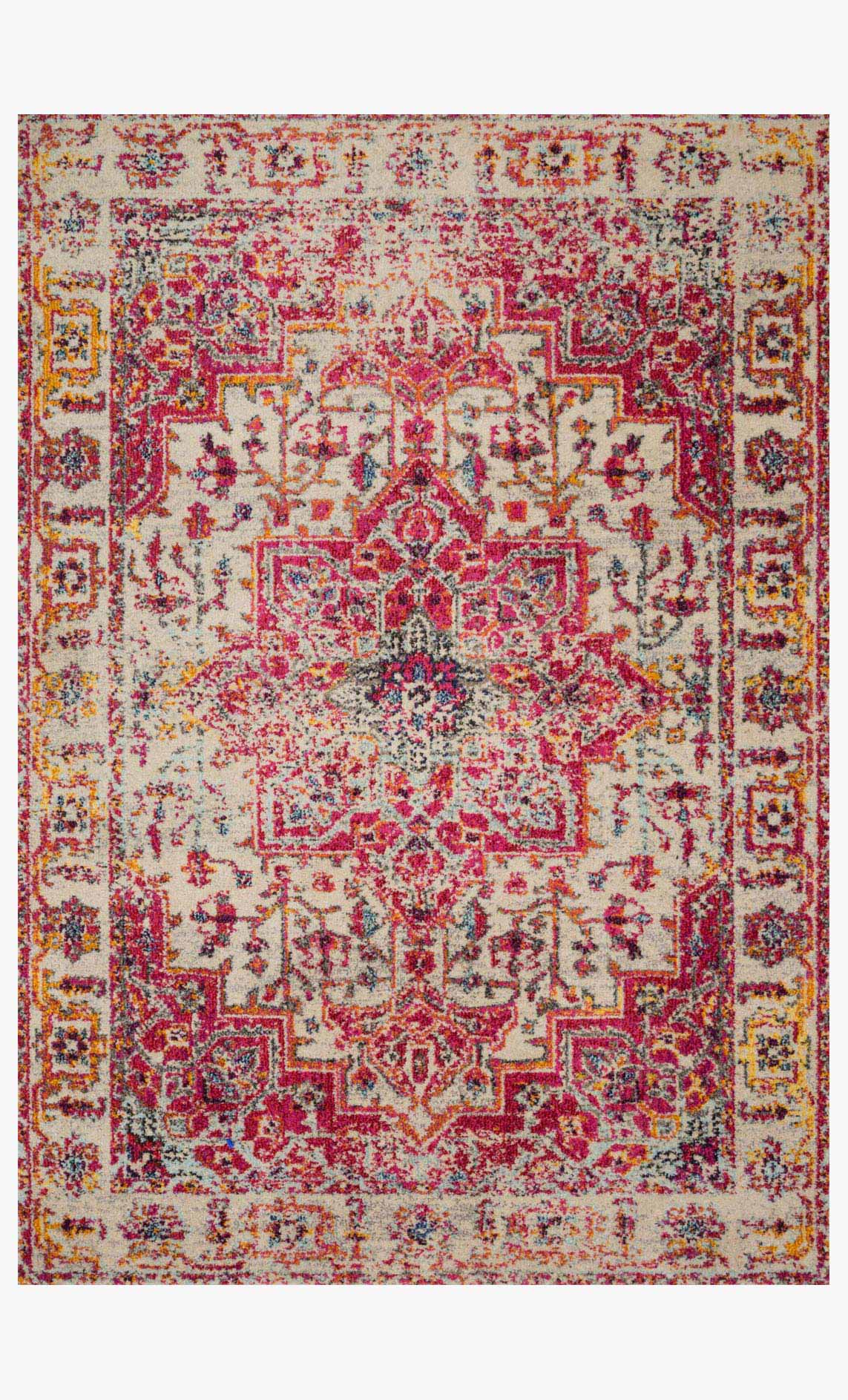 Transitional power loomed rug with ornate ivory base and pink, red, and blue pattern