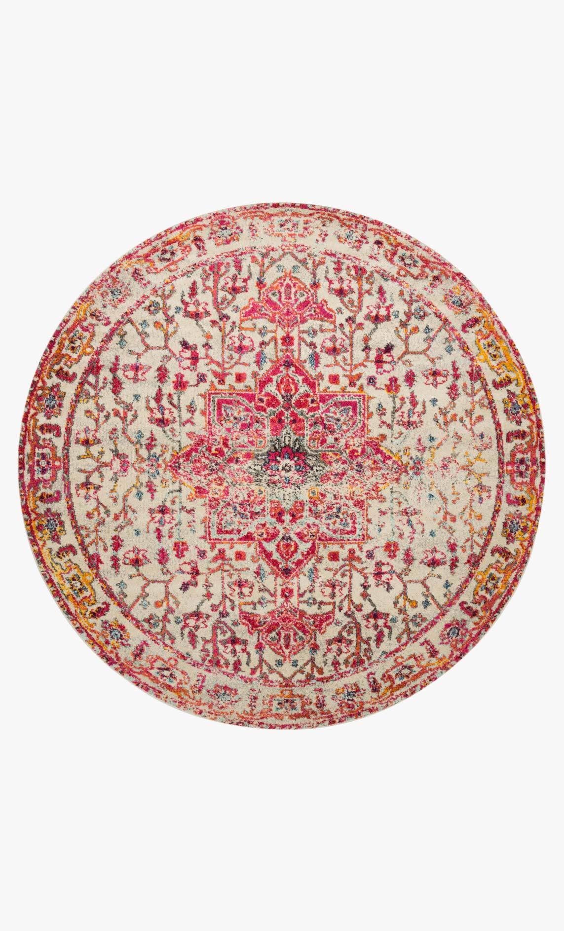 Round transitional power loomed rug, ivory with pink and multicolor ornate center