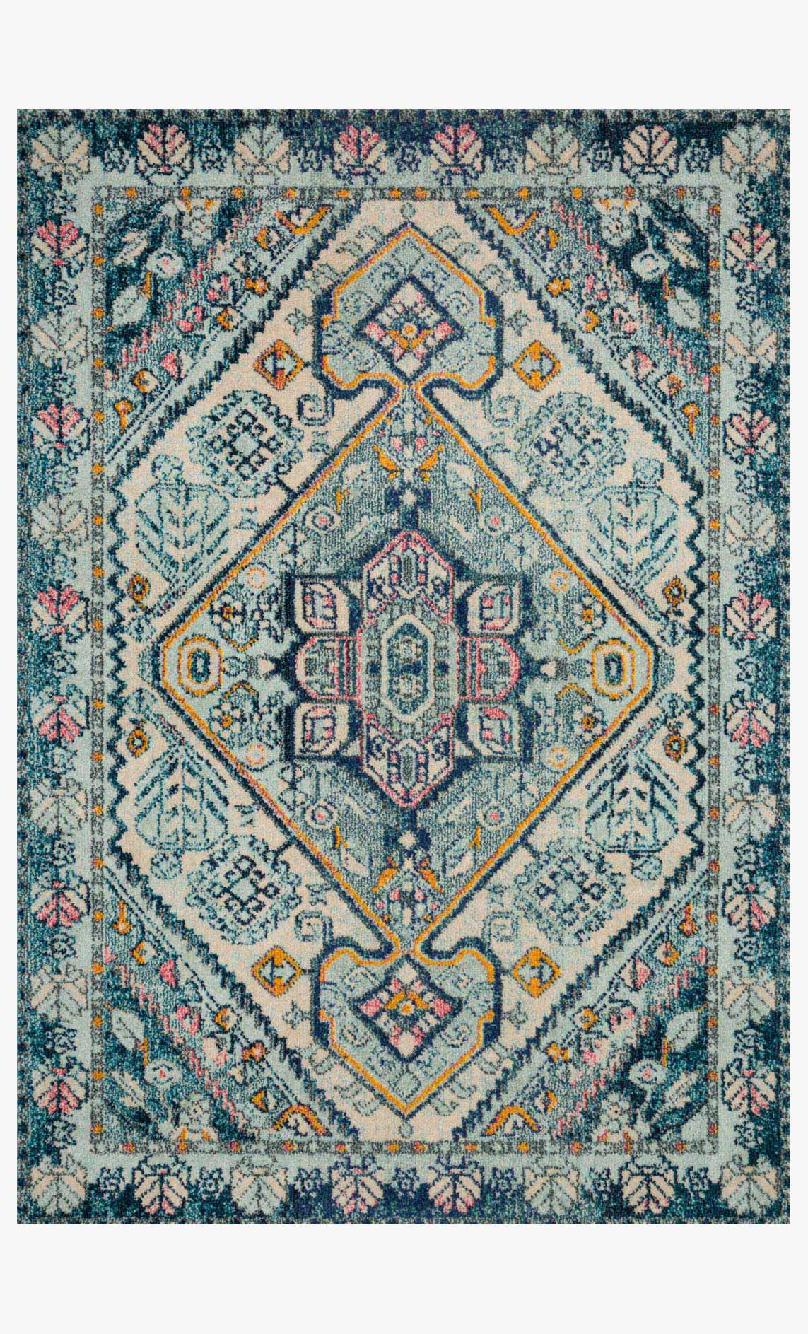 Transitional power loomed rug with aqua and navy geometric medallion pattern